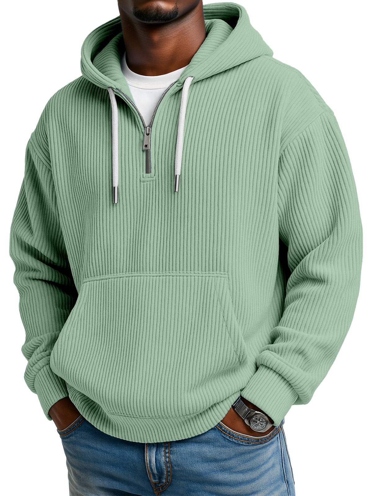 Men's Solid Color Pitted Textured Kangaroo Pocket Long-sleeved Hooded Sweatshirt