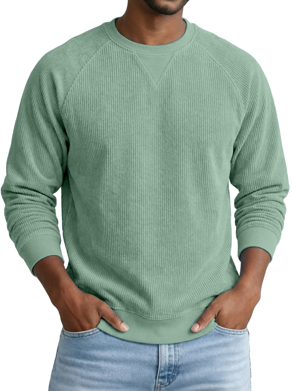 Basic Casual Corduroy Inverted Triangle Design Round Neck Raglan Long-sleeved Sweatshirt