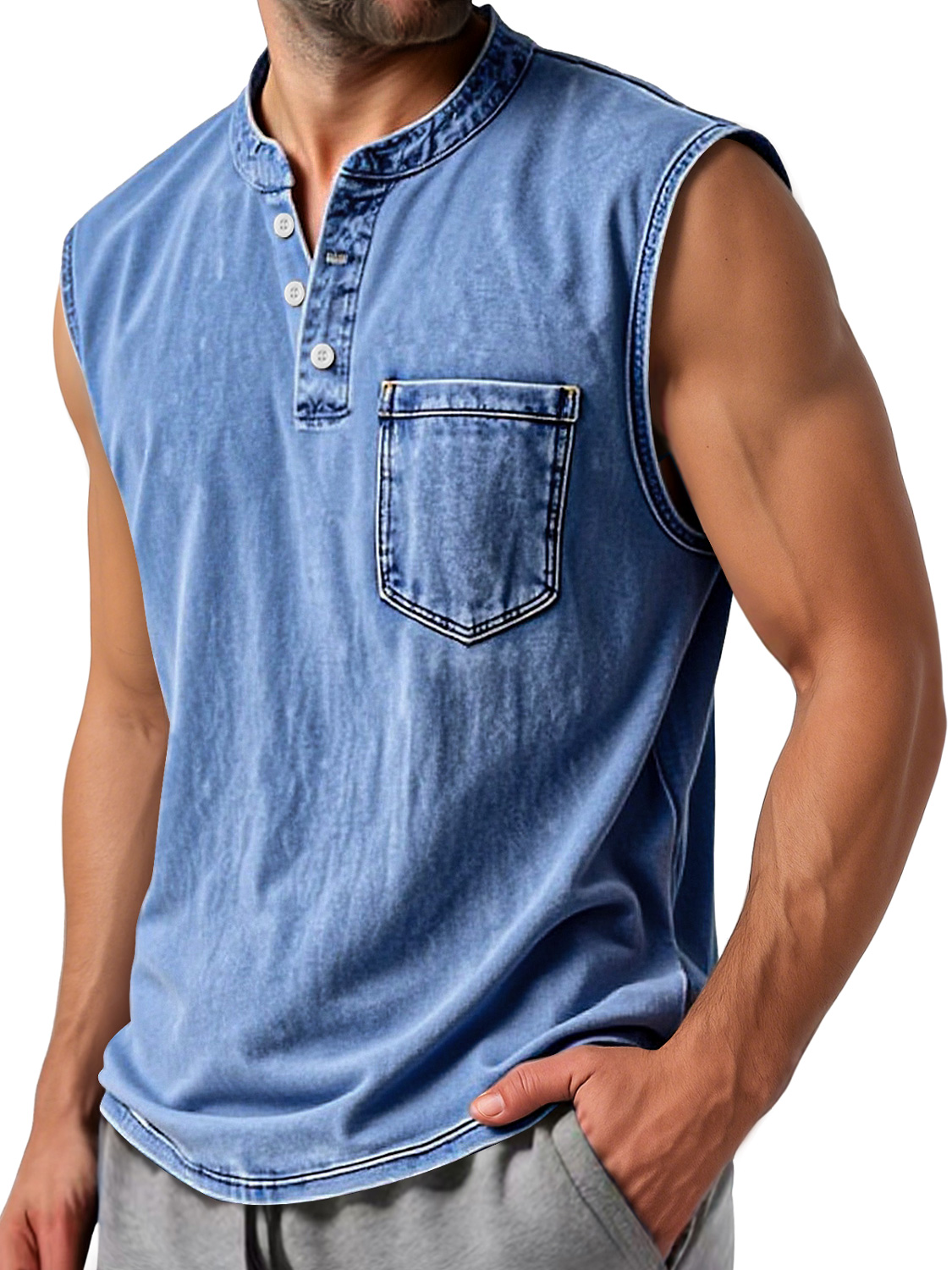 Men's Vintage Stand Collar Button Casual Comfort Sleeveless Henley Shirt