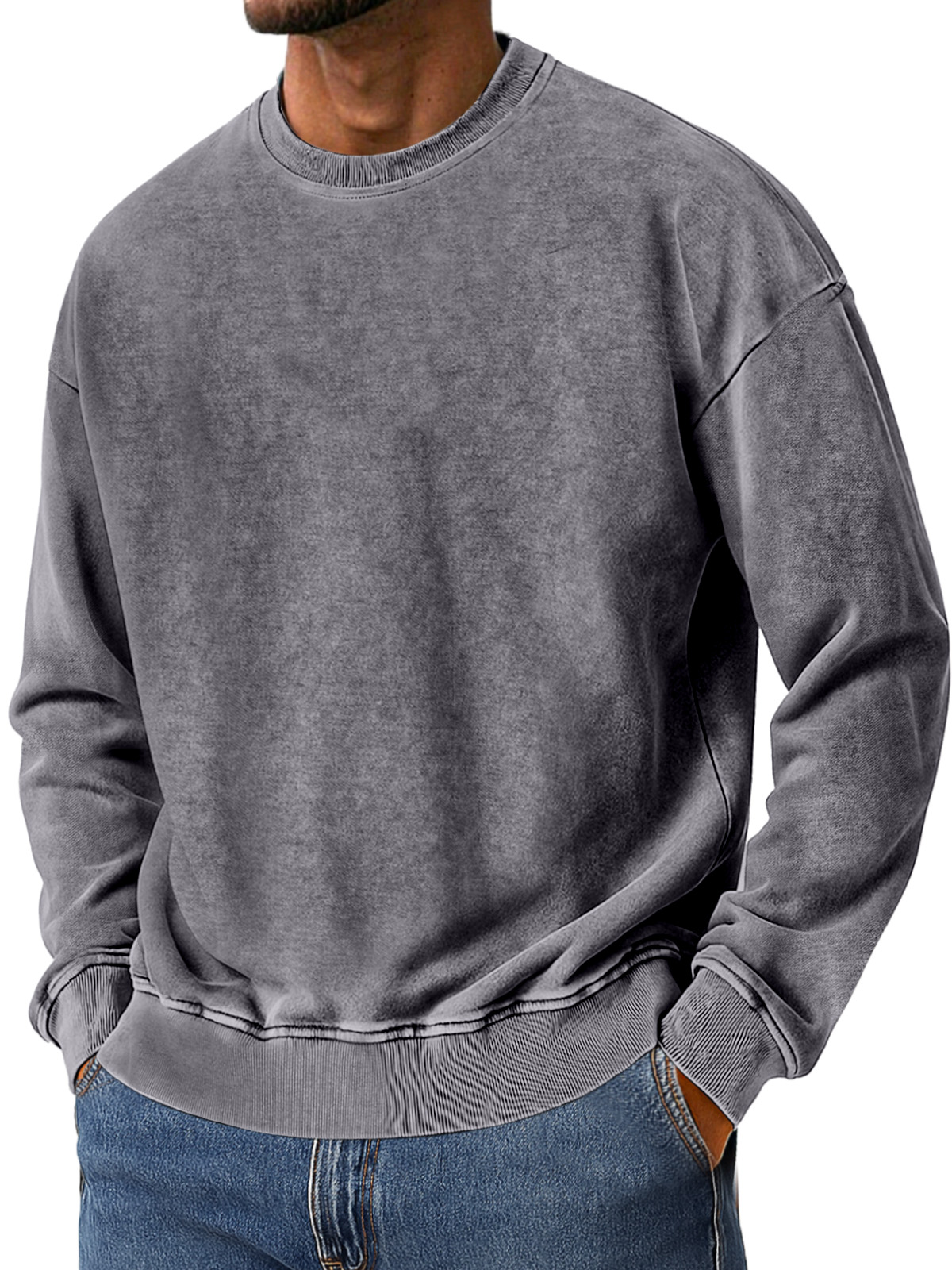 Men's Vintage Washed Cotton Round Neck Long-sleeved Sweatshirt