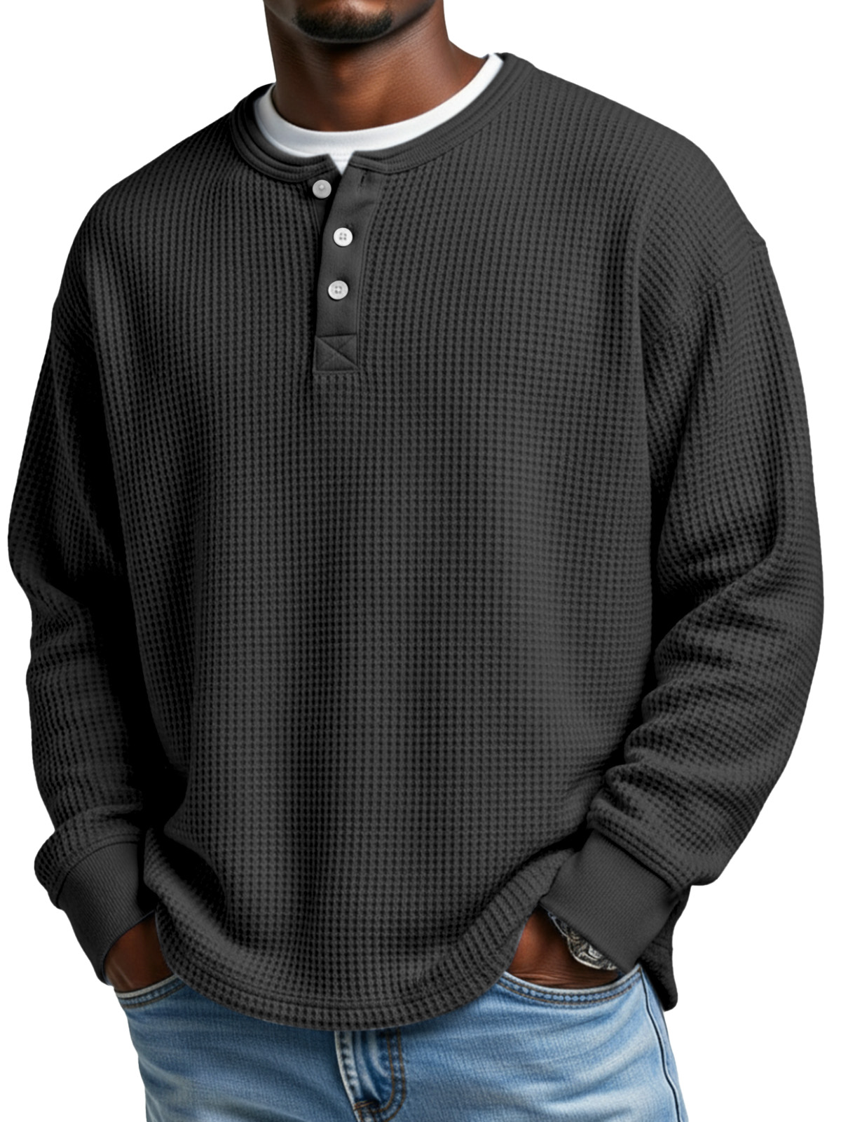 Men's Everyday Loose Simple Waffle Button Long Sleeve Henley Shirt