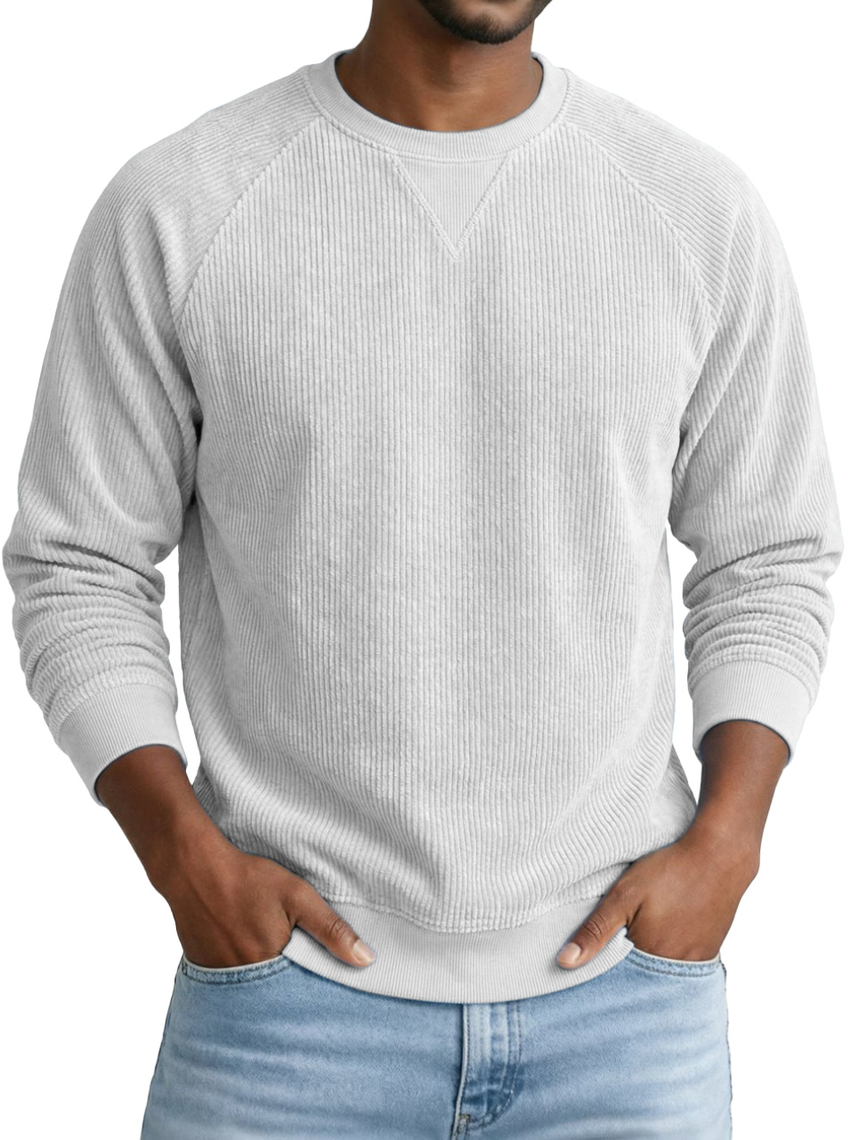 Basic Casual Corduroy Inverted Triangle Design Round Neck Raglan Long-sleeved Sweatshirt