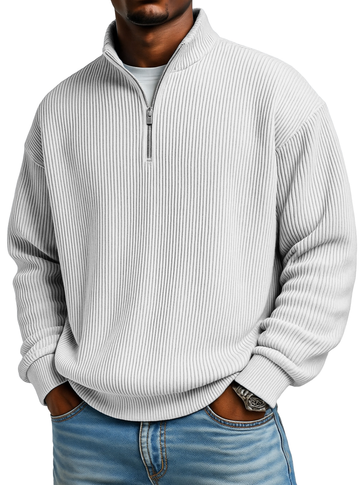 Men's Solid Color Vertical Pit Texture Stand Collar Zipper Long Sleeve Sweater