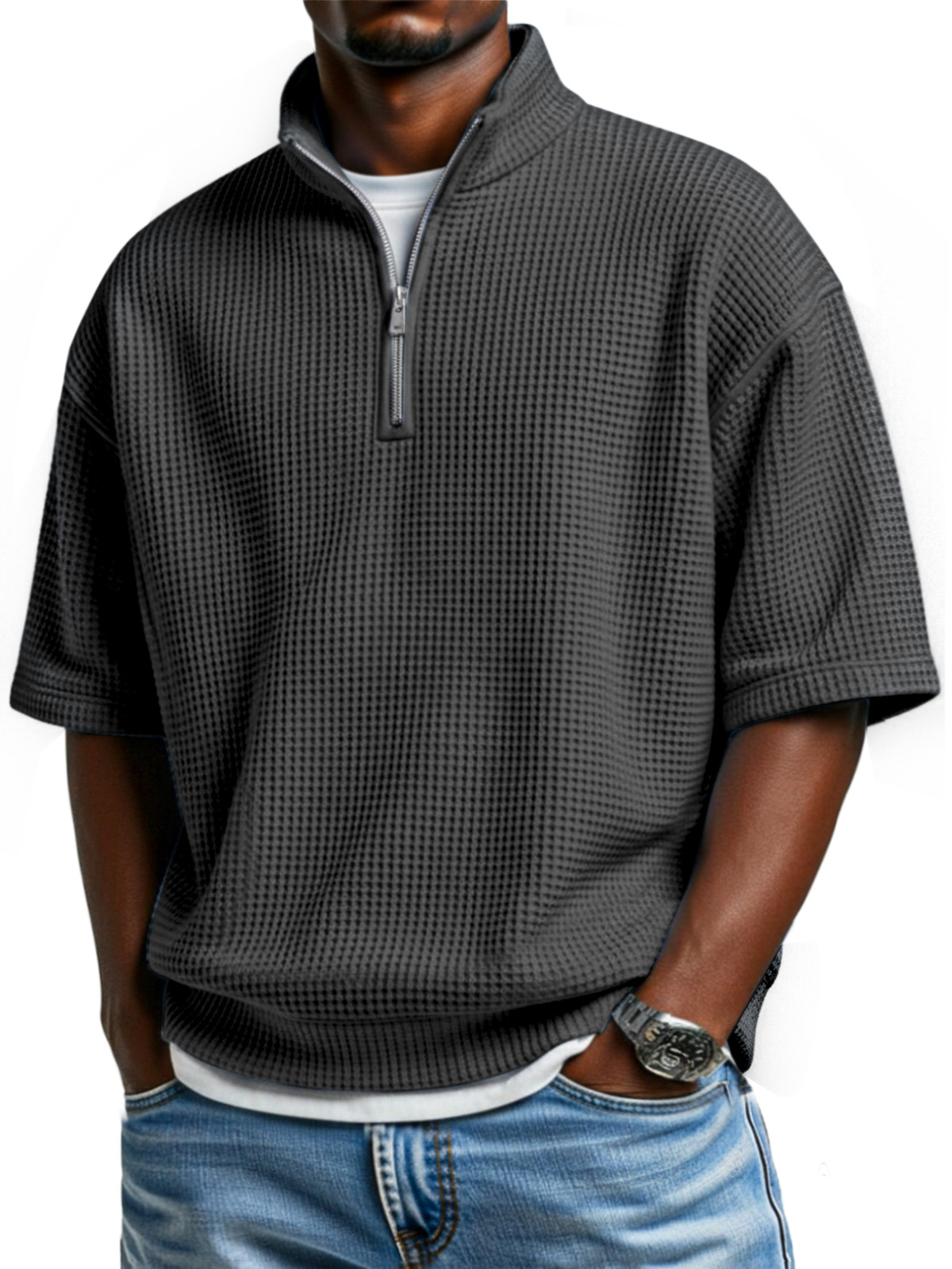 Men's simple basic waffle zipper stand collar short-sleeved POLO shirt