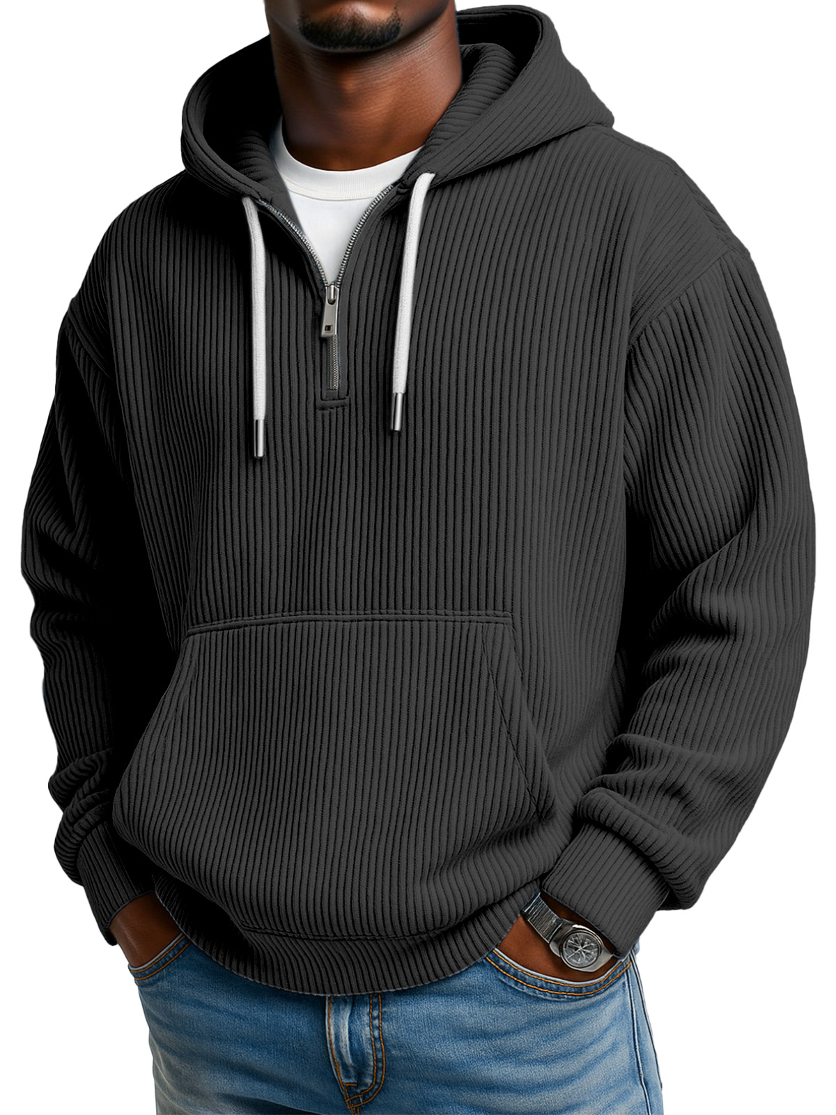 Men's Solid Color Pitted Textured Kangaroo Pocket Long-sleeved Hooded Sweatshirt