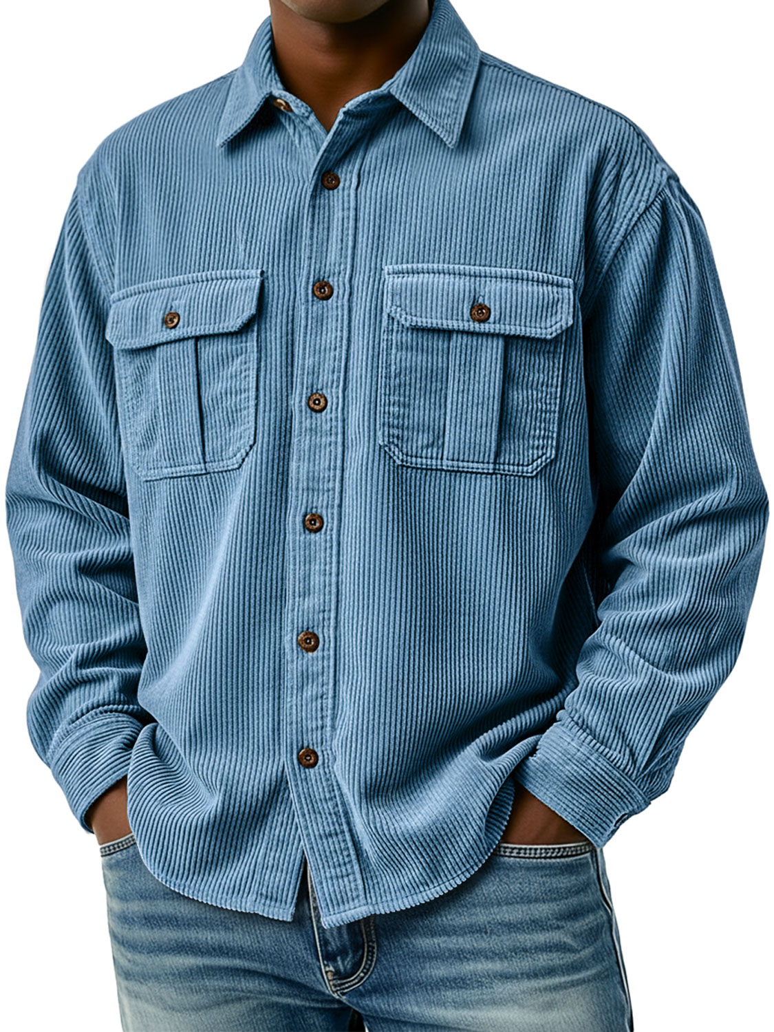 Men's Retro Corduroy Double Pocket Casual Long-Sleeve Work Shirt