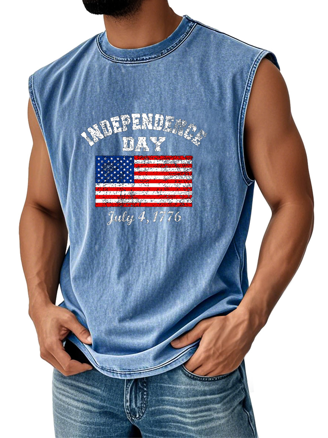 Men's Retro Everyday Independence Day Flag Print Casual Round Neck Sleeveless Vest