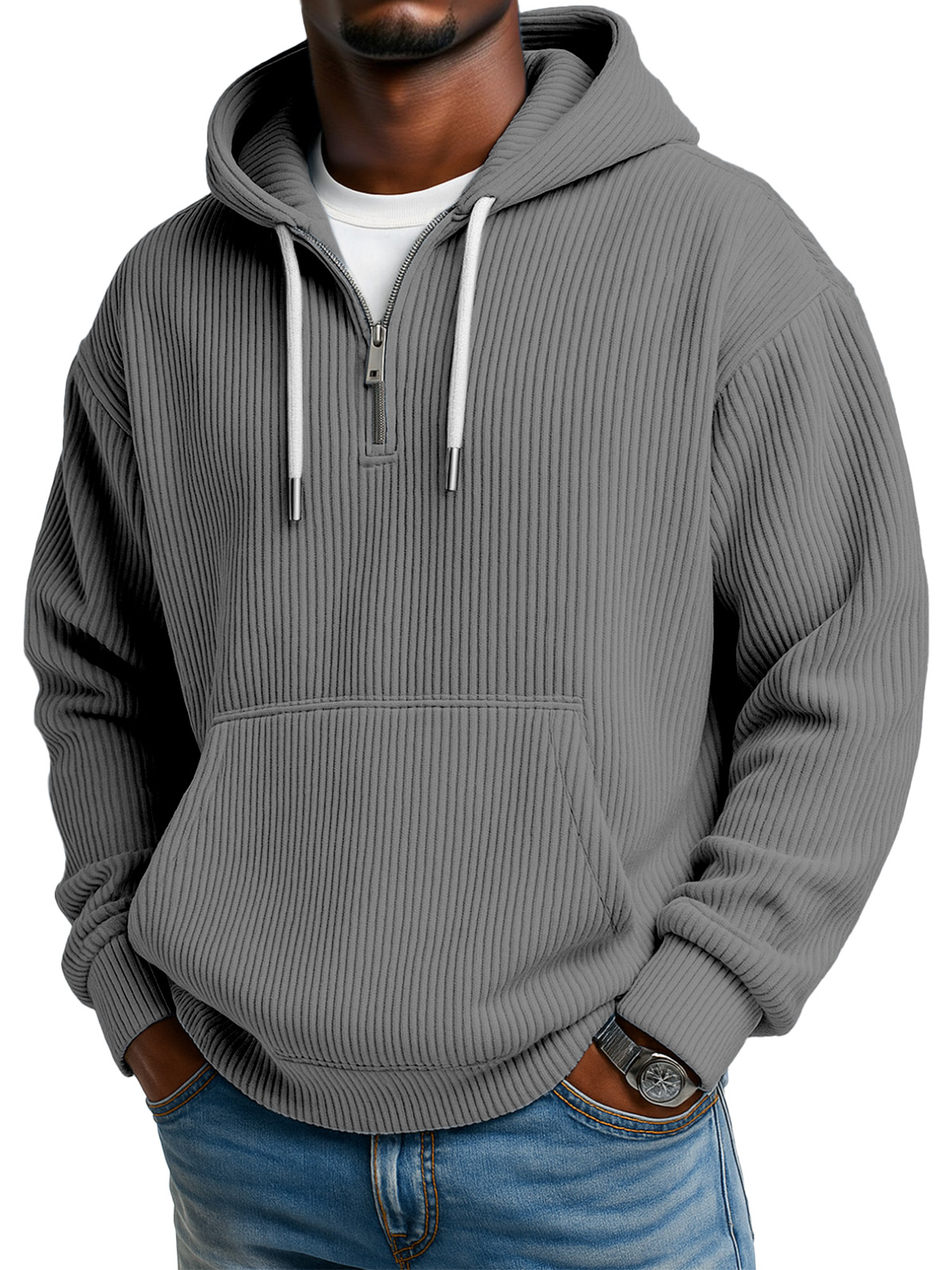 Men's Solid Color Pitted Textured Kangaroo Pocket Long-sleeved Hooded Sweatshirt