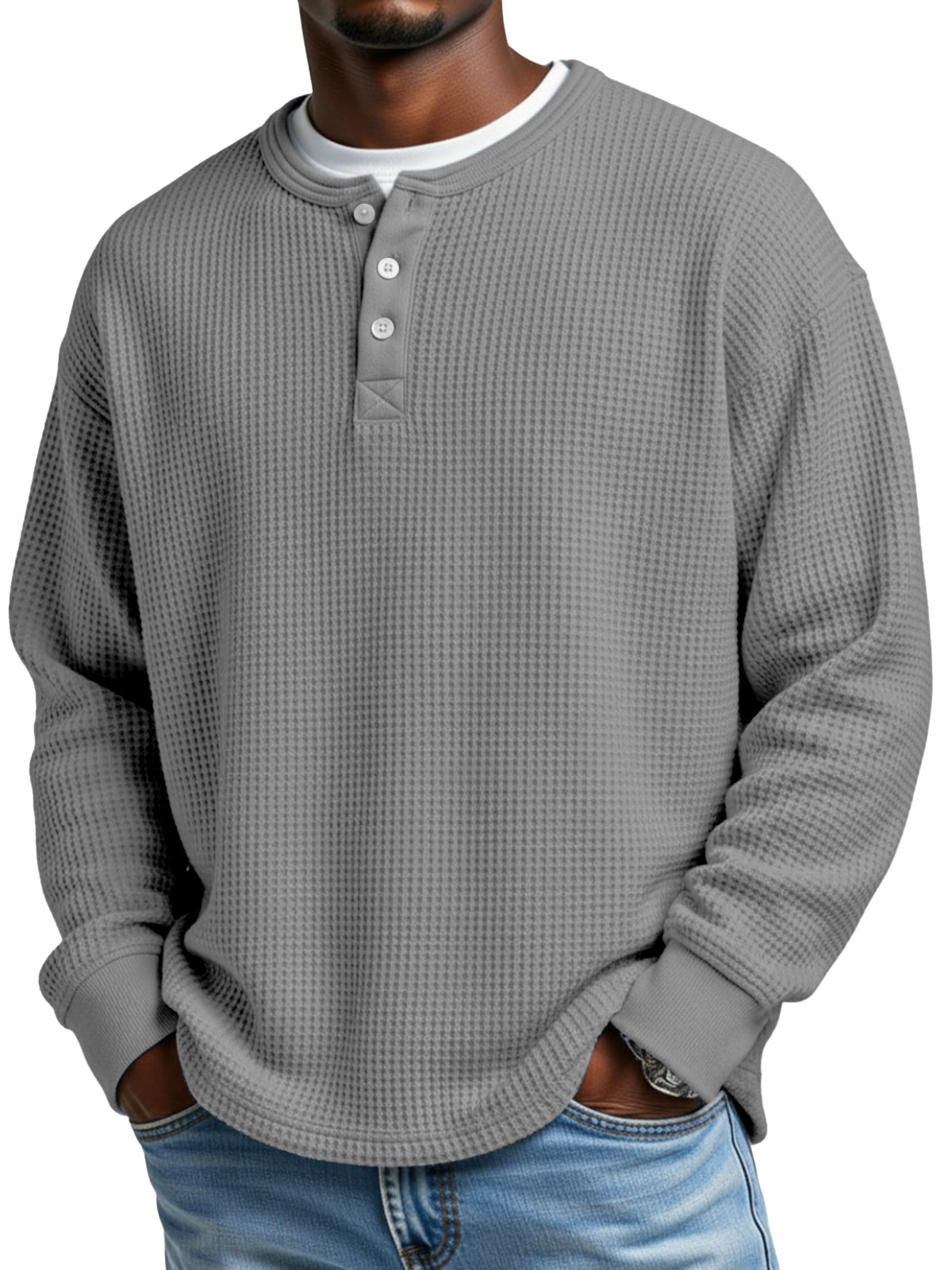 Men's Everyday Loose Simple Waffle Button Long Sleeve Henley Shirt