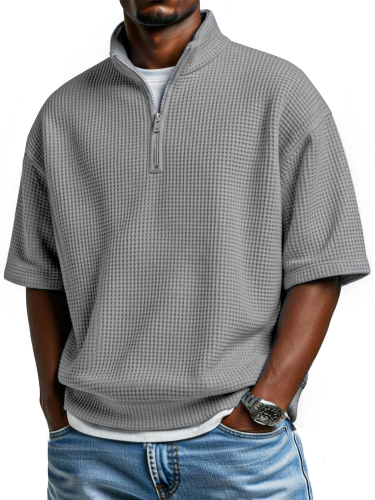Men's simple basic waffle zipper stand collar short-sleeved POLO shirt