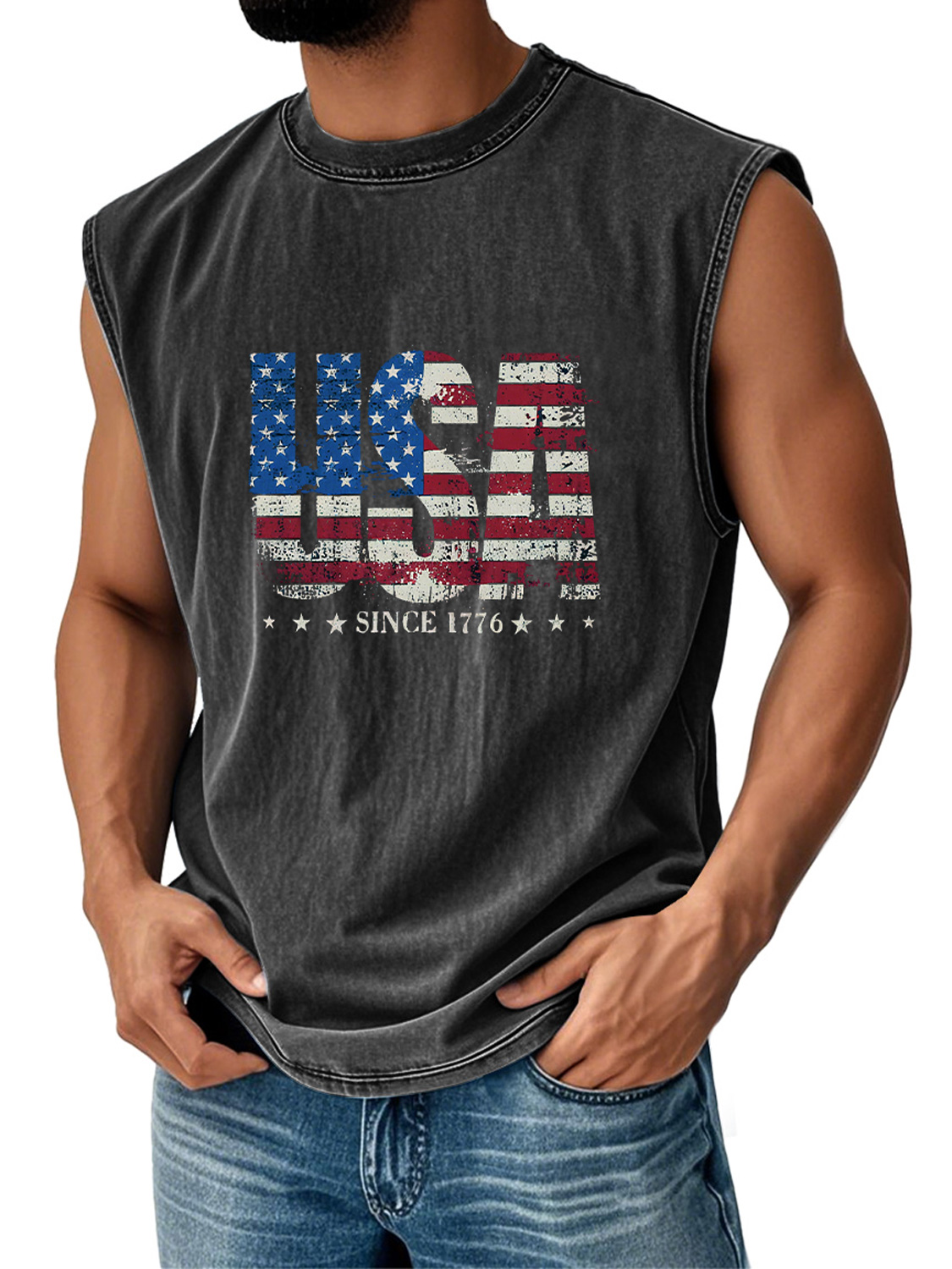 Men's Retro Everyday Independence Day USA Flag Printed Casual Round Neck Sleeveless Vest