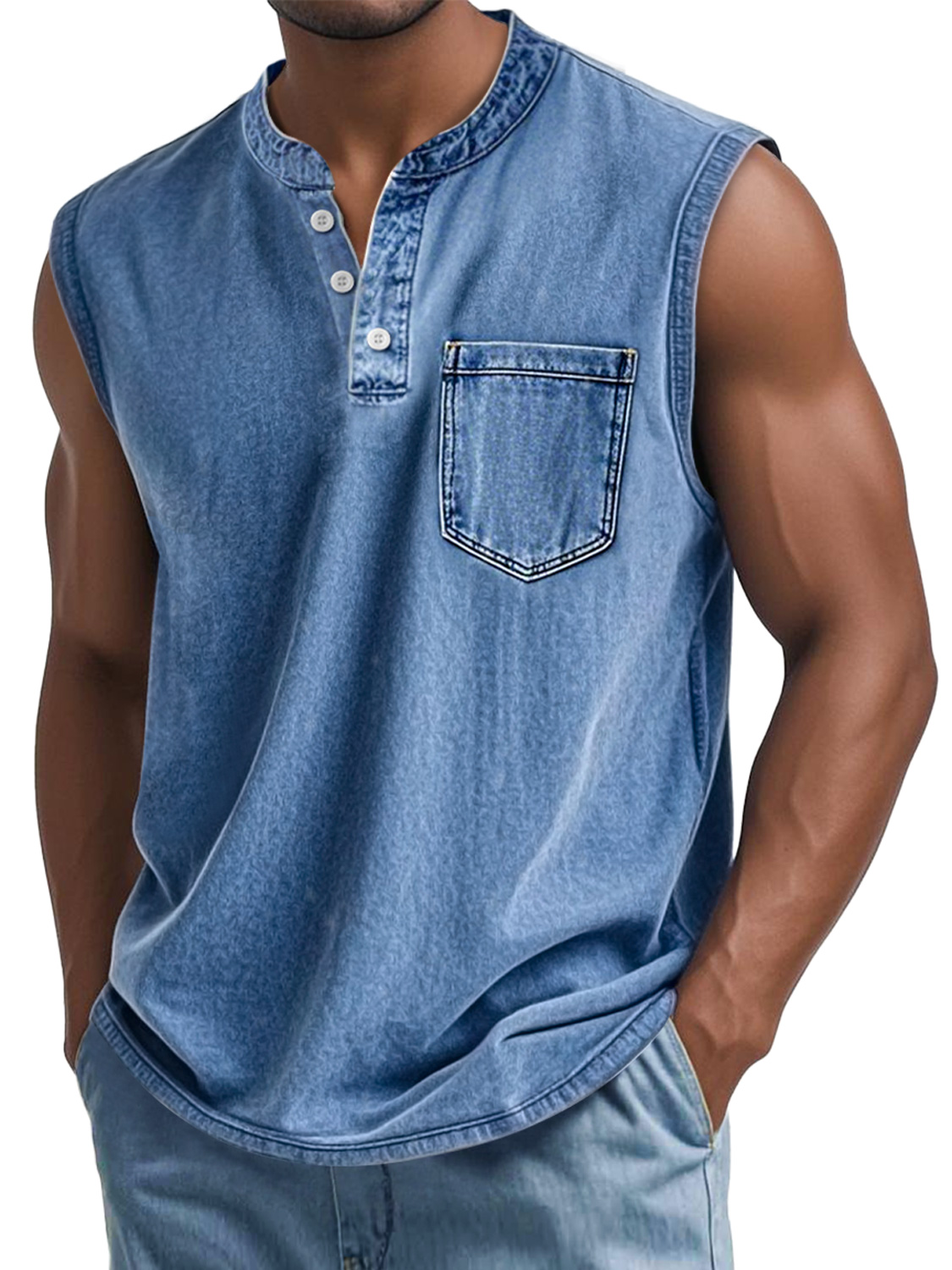 Men's Vintage Washed Cotton Stand Collar Pocket Casual Sleeveless Henley Vest