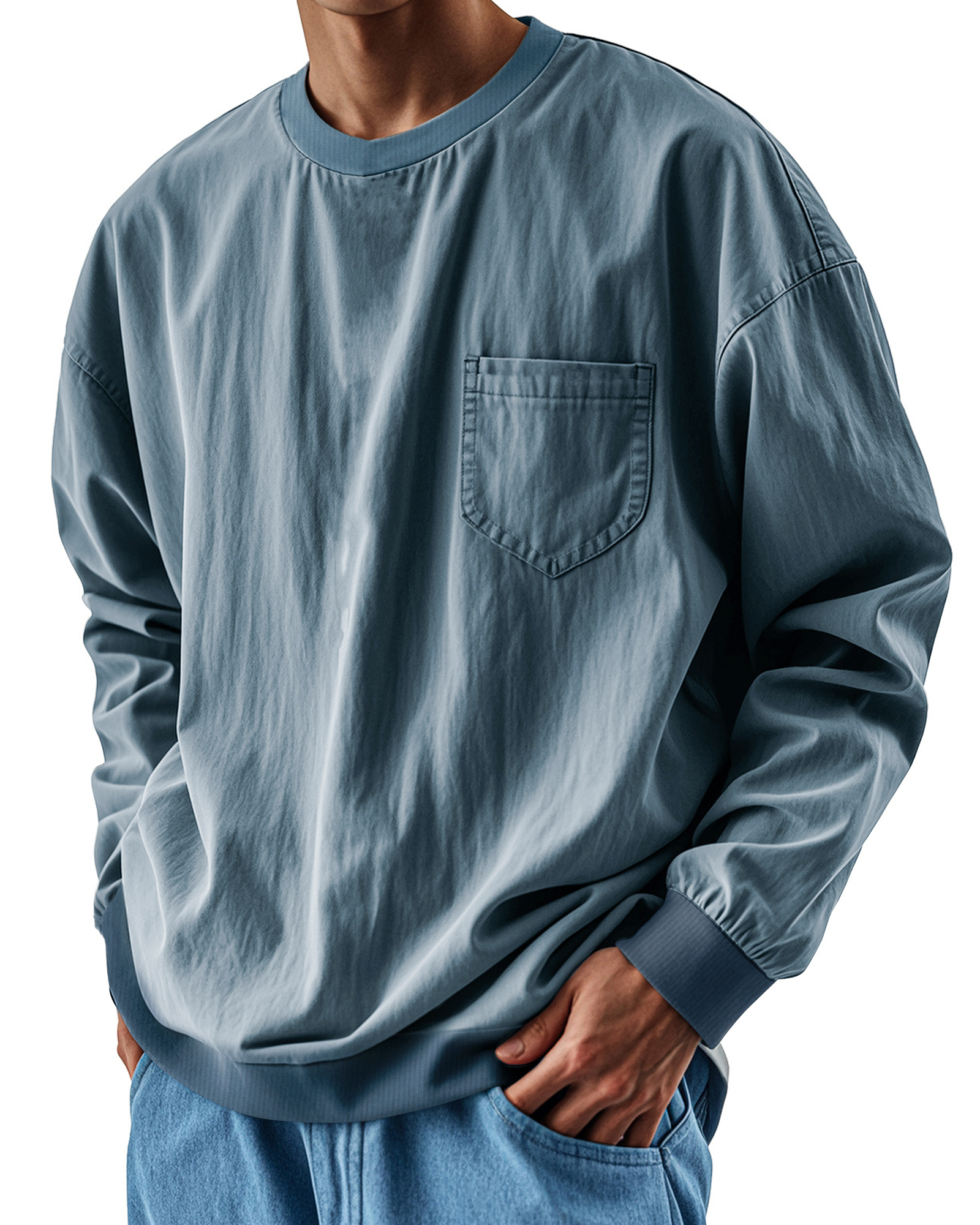 Men's Fashionable Round Neck Casual Pocket Long Sleeve Top