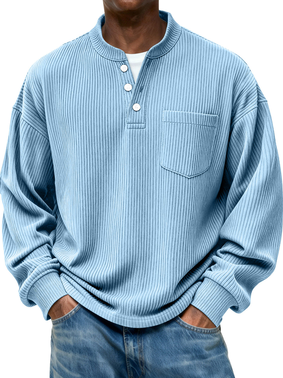 Men's Stand Collar Button Ribbed Casual Pocket Long Sleeve Henley Shirt