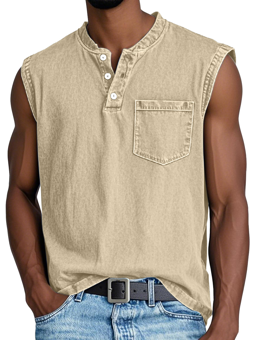Men's Casual Retro Solid Color Simple Pocket Sleeveless Henley Shirt
