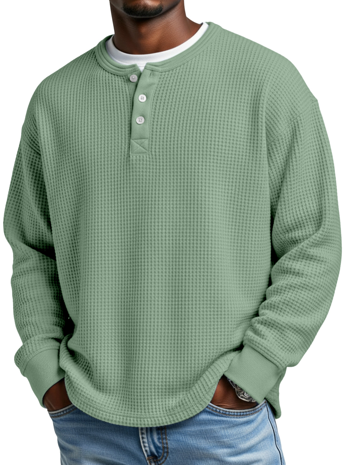 Men's Everyday Loose Simple Waffle Button Long Sleeve Henley Shirt