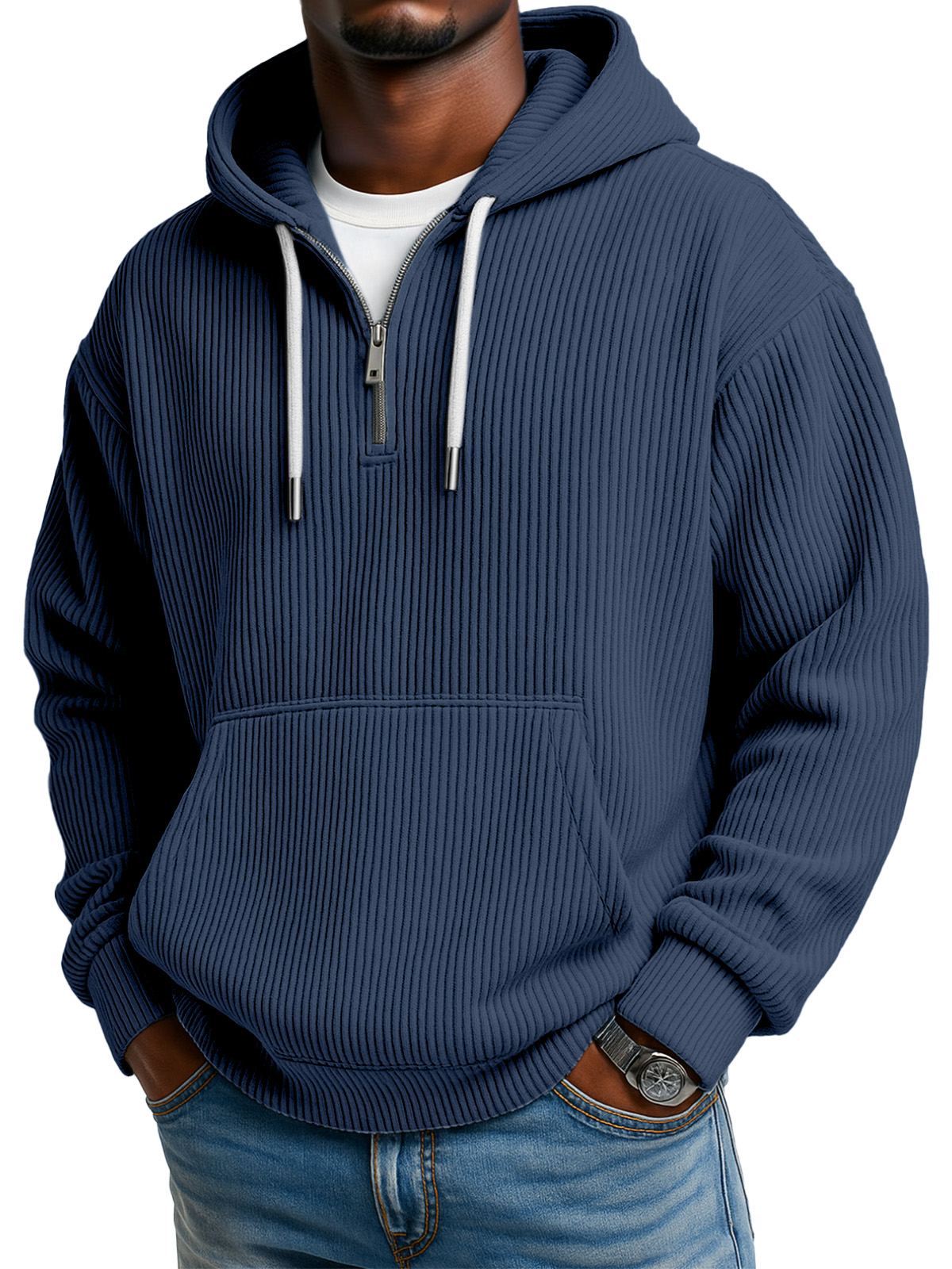 Men's Solid Color Pitted Textured Kangaroo Pocket Long-sleeved Hooded Sweatshirt