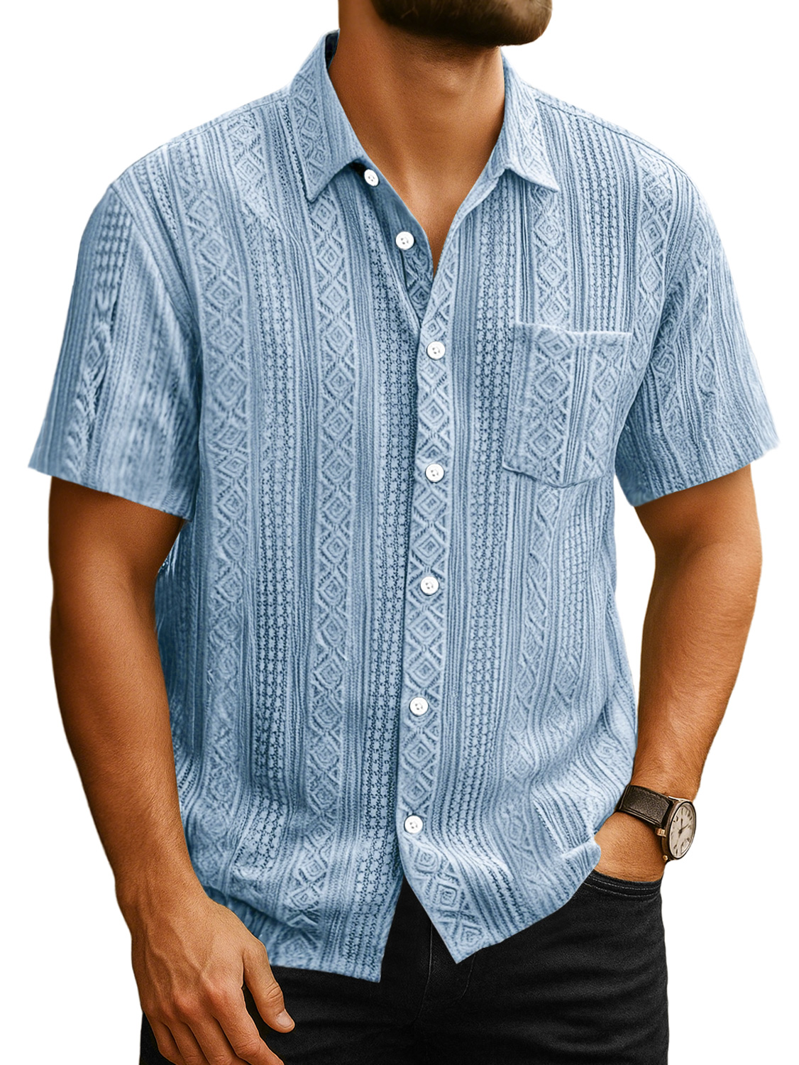 Men's Daily Casual Jacquard Texture Pocket Solid Color Short-sleeved Shirt
