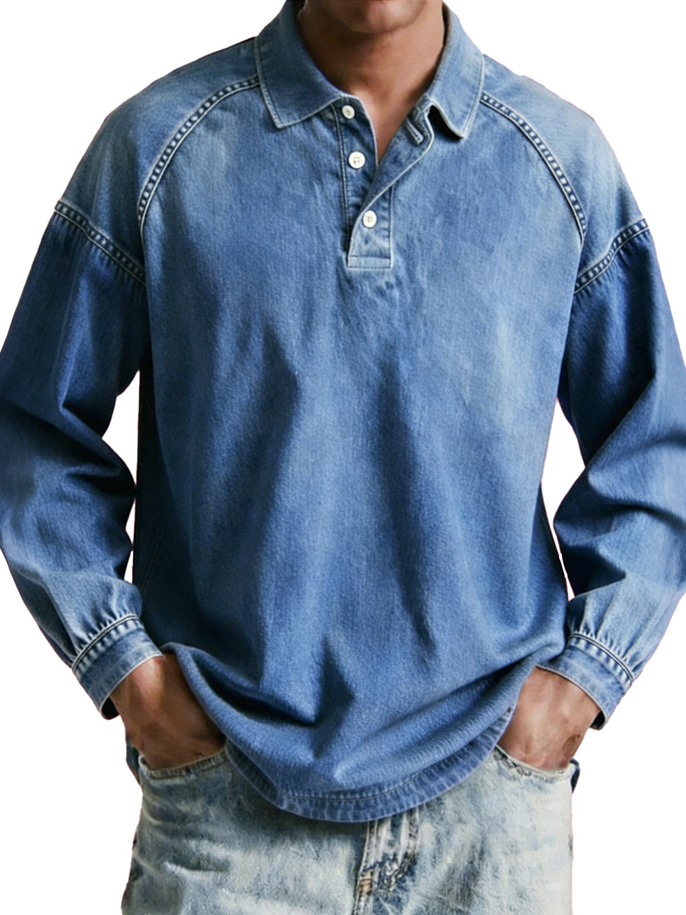 Men's wear, retro, retro, loose, raglan, long-sleeved polo shirt