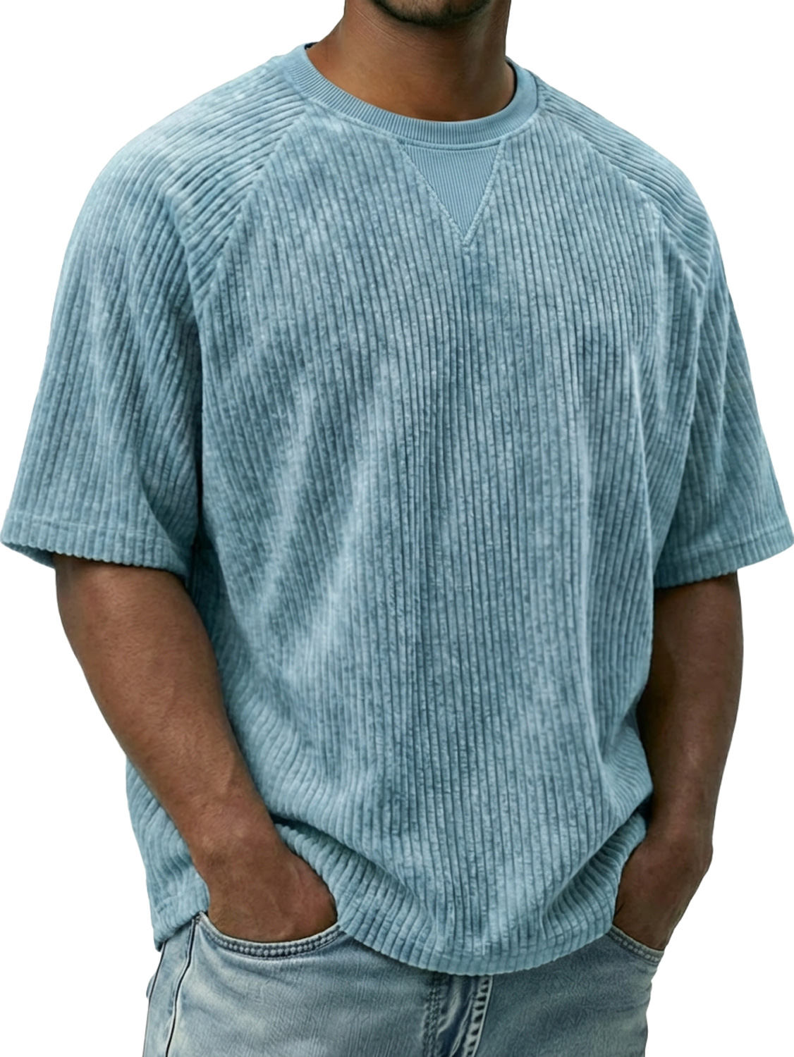 Men's Vintage Corduroy Crew Neck Short-sleeved T-shirt With Inverted Triangle Desi