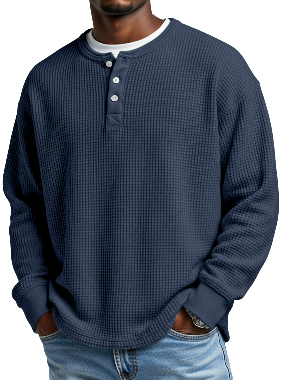 Men's Everyday Loose Simple Waffle Button Long Sleeve Henley Shirt