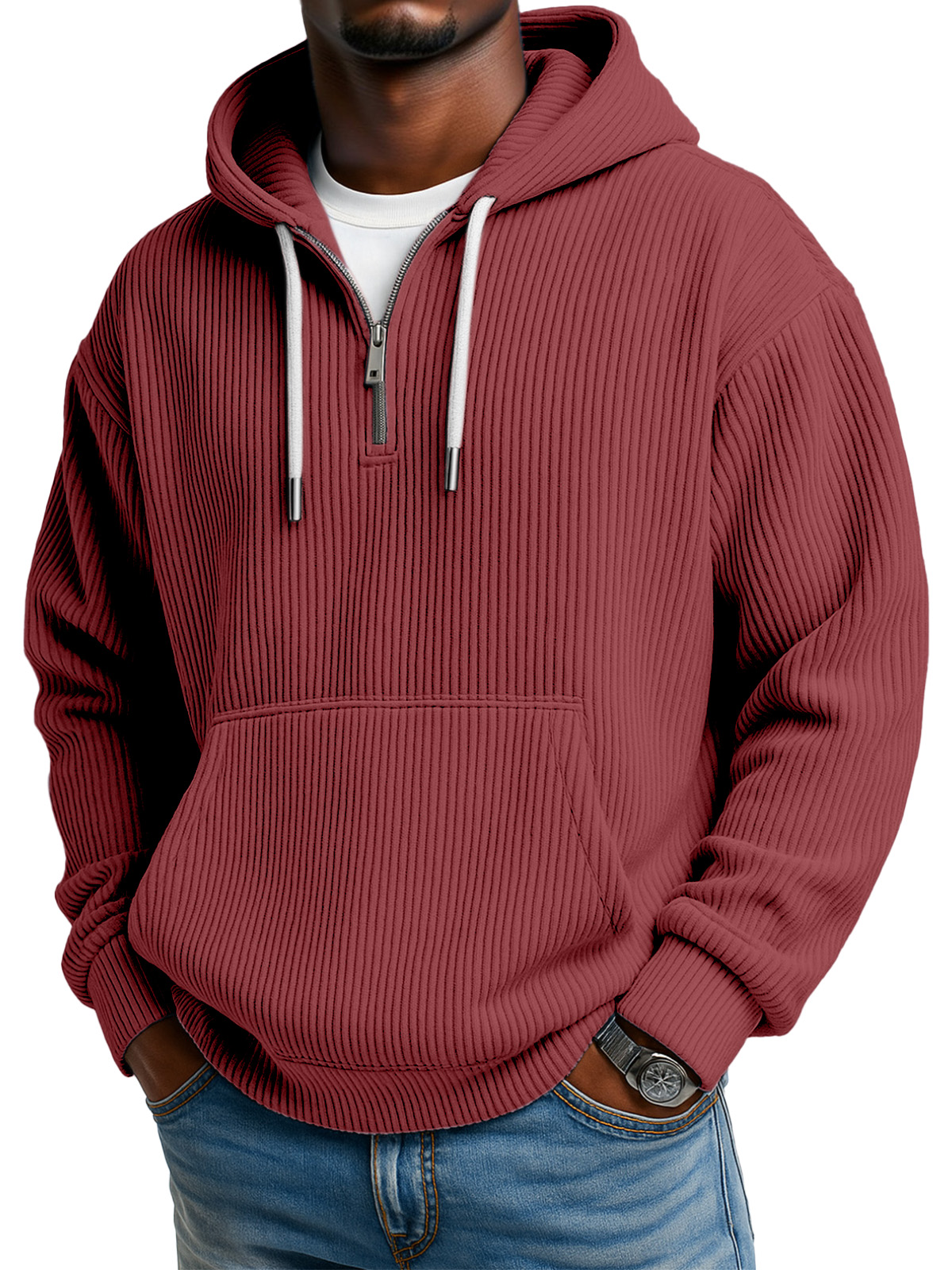 Men's Solid Color Pitted Textured Kangaroo Pocket Long-sleeved Hooded Sweatshirt