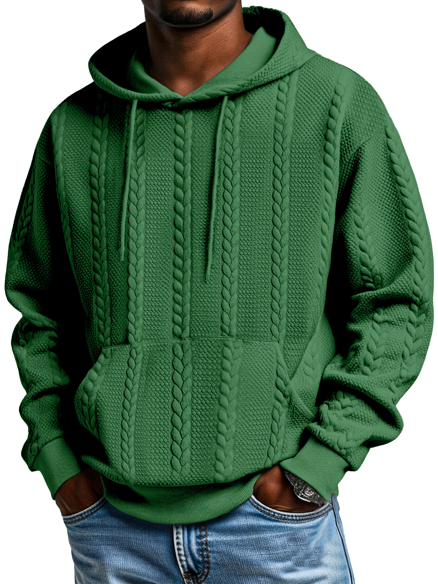 Men's Solid Color Jacquard Texture Kangaroo Pocket Long Sleeve Hooded Sweatshirt