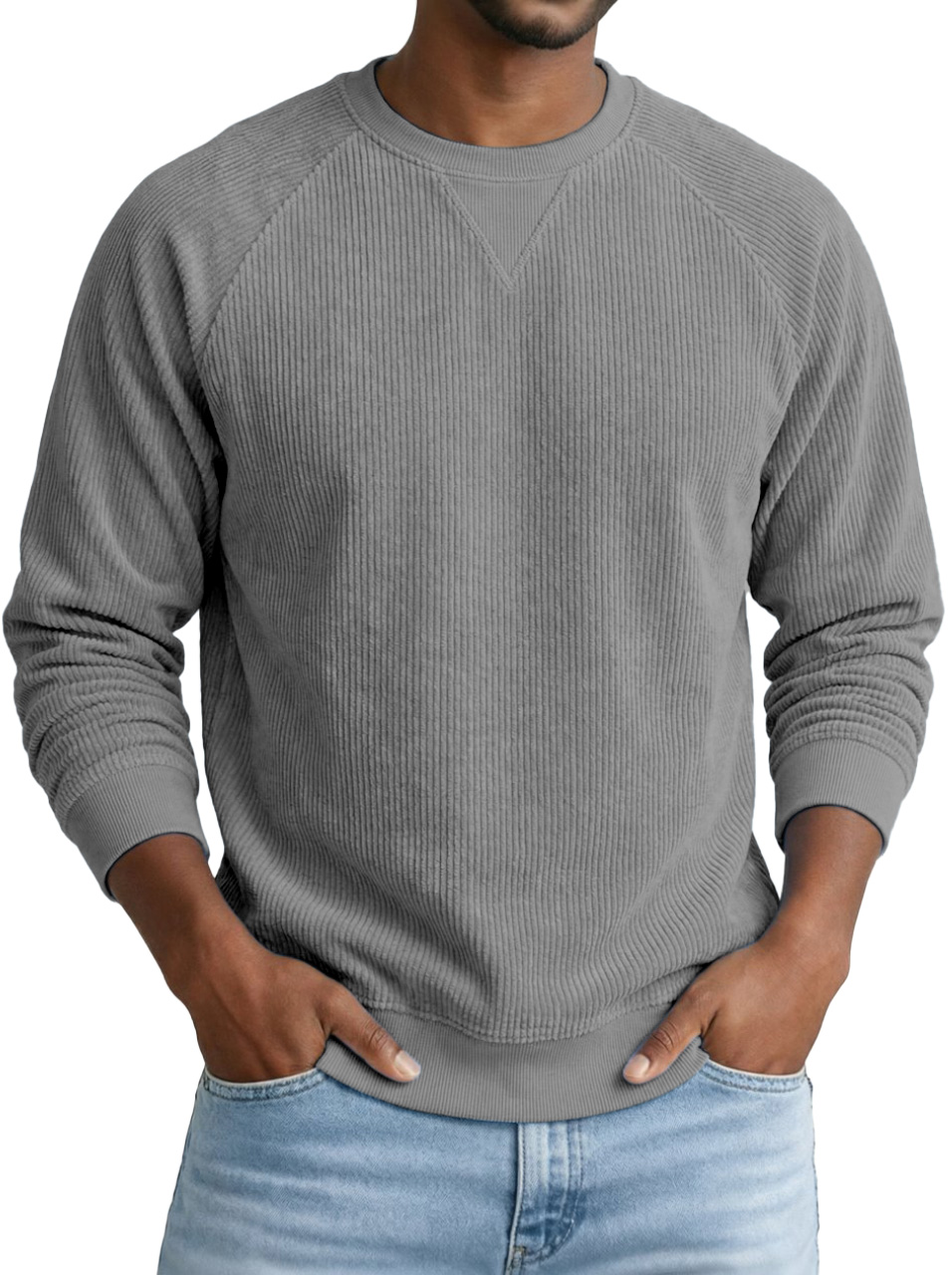 Basic Casual Corduroy Inverted Triangle Design Round Neck Raglan Long-sleeved Sweatshirt