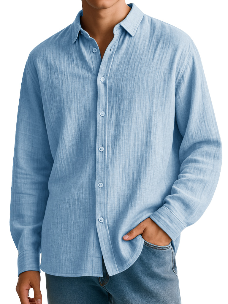 Men's Clothing Fashionable Casual Imitation Linen Fabric Long-sleeved Lapel Shirt