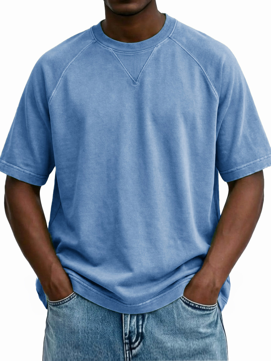 Men's Retro Distressed Raglan Crew Neck Short-Sleeve T-Shirt