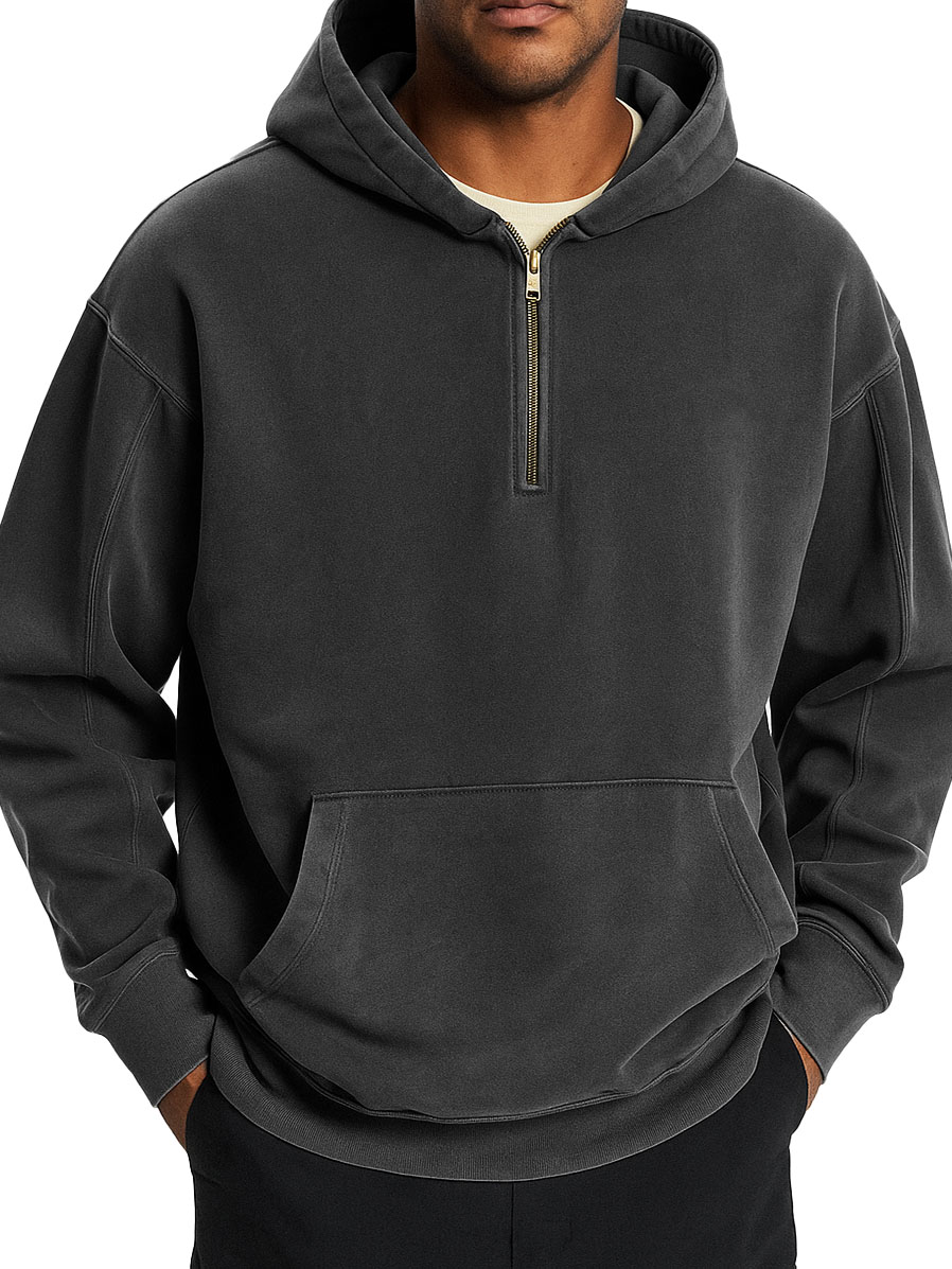  Men's Stylish Retro Distressed Half-zip Pocket Hooded Sweatshirt 