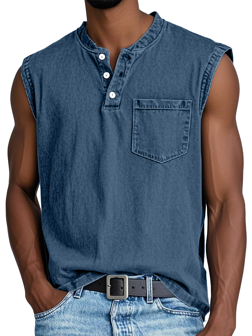 Men's Casual Retro Solid Color Simple Pocket Sleeveless Henley Shirt