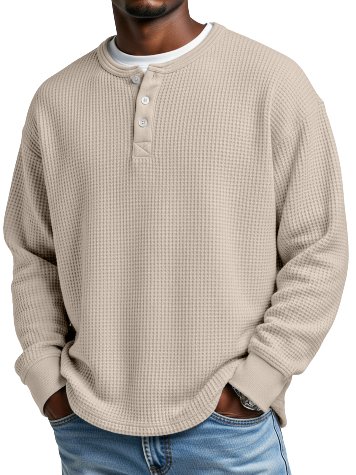 Men's Everyday Loose Simple Waffle Button Long Sleeve Henley Shirt