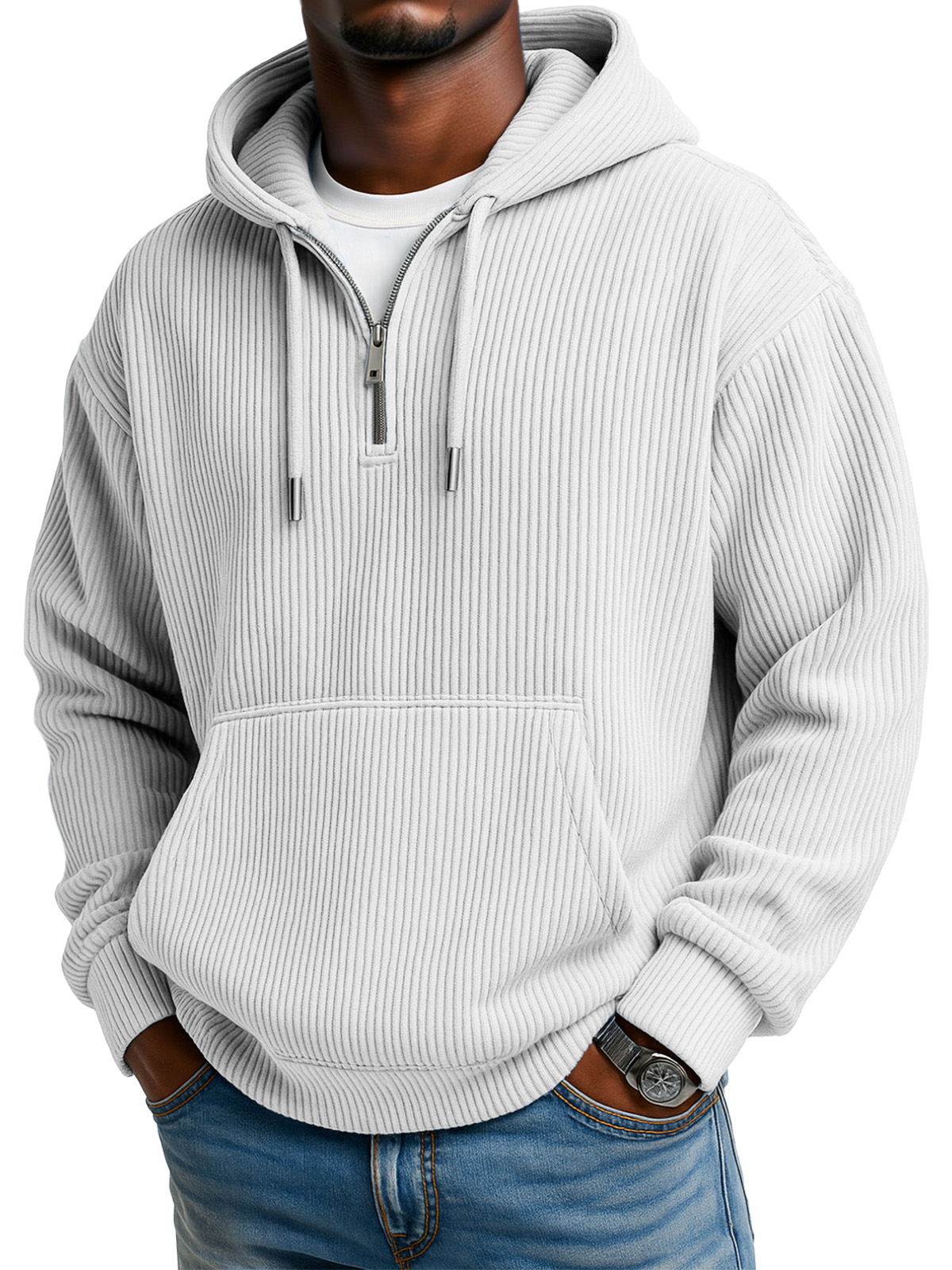 Men's Solid Color Pitted Textured Kangaroo Pocket Long-sleeved Hooded Sweatshirt