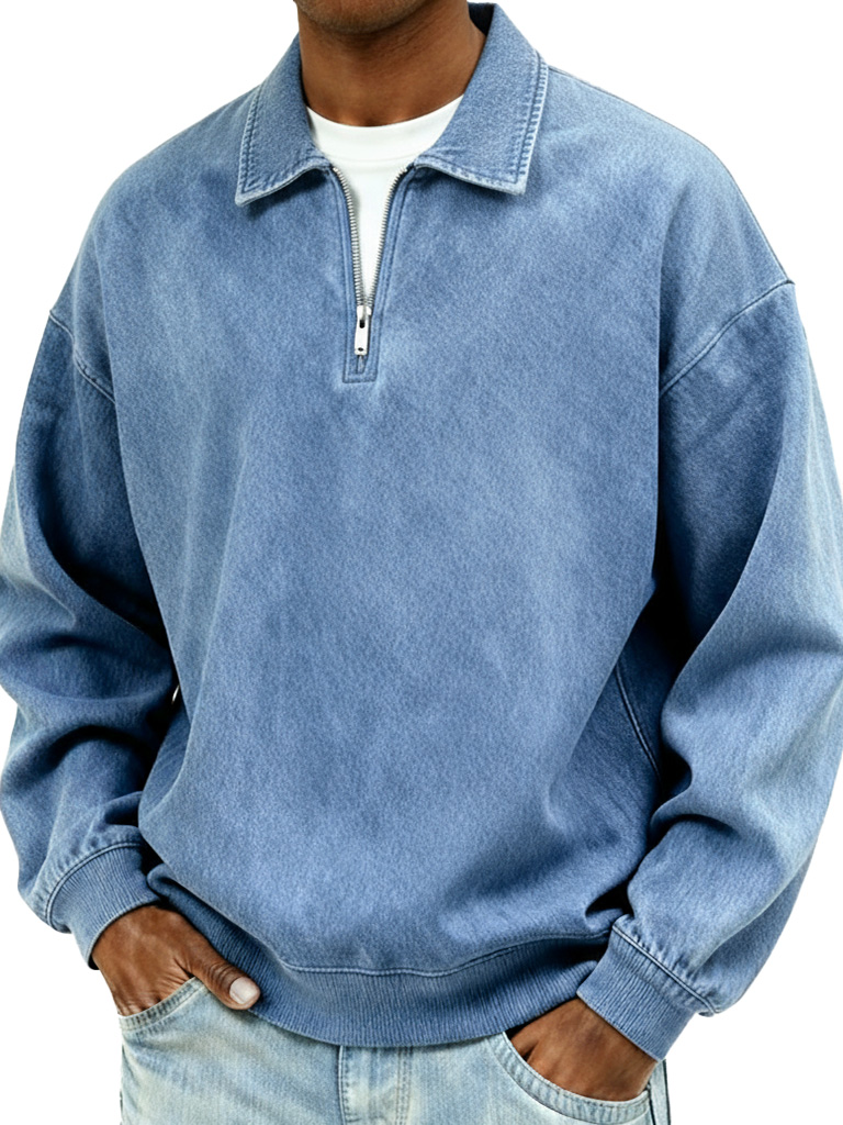 Men's Retro Fashion Distressed Collar Zipper Long-Sleeve Polo Shirt