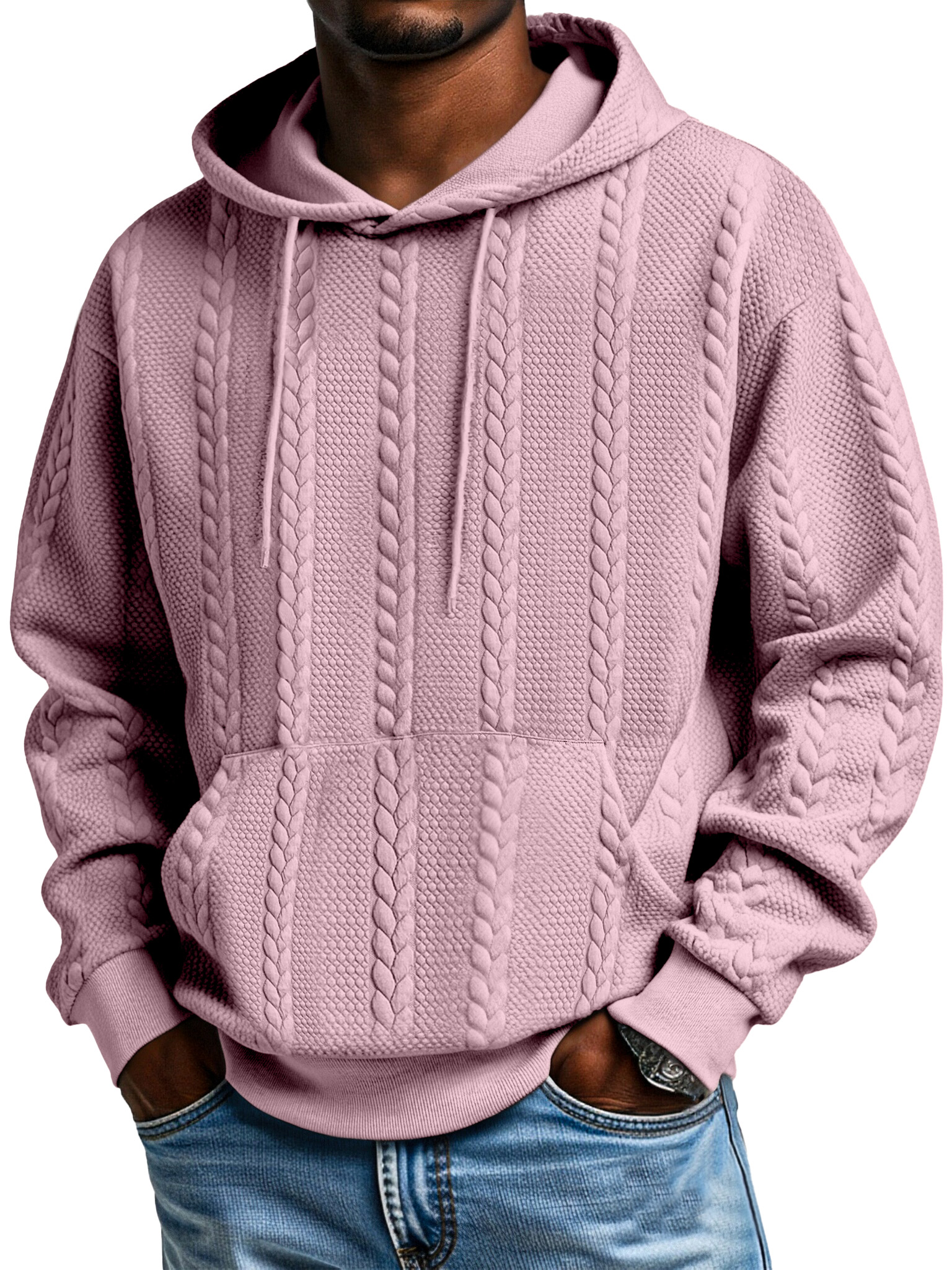 Men's Solid Color Jacquard Texture Kangaroo Pocket Long Sleeve Hooded Sweatshirt