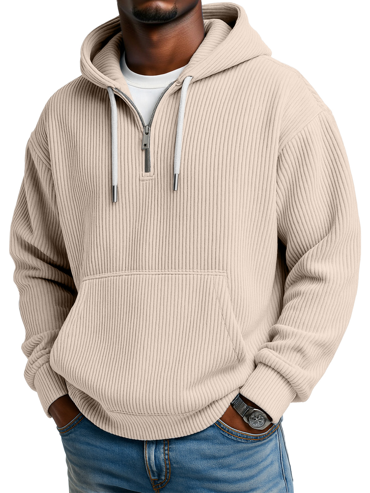 Men's Solid Color Pitted Textured Kangaroo Pocket Long-sleeved Hooded Sweatshirt