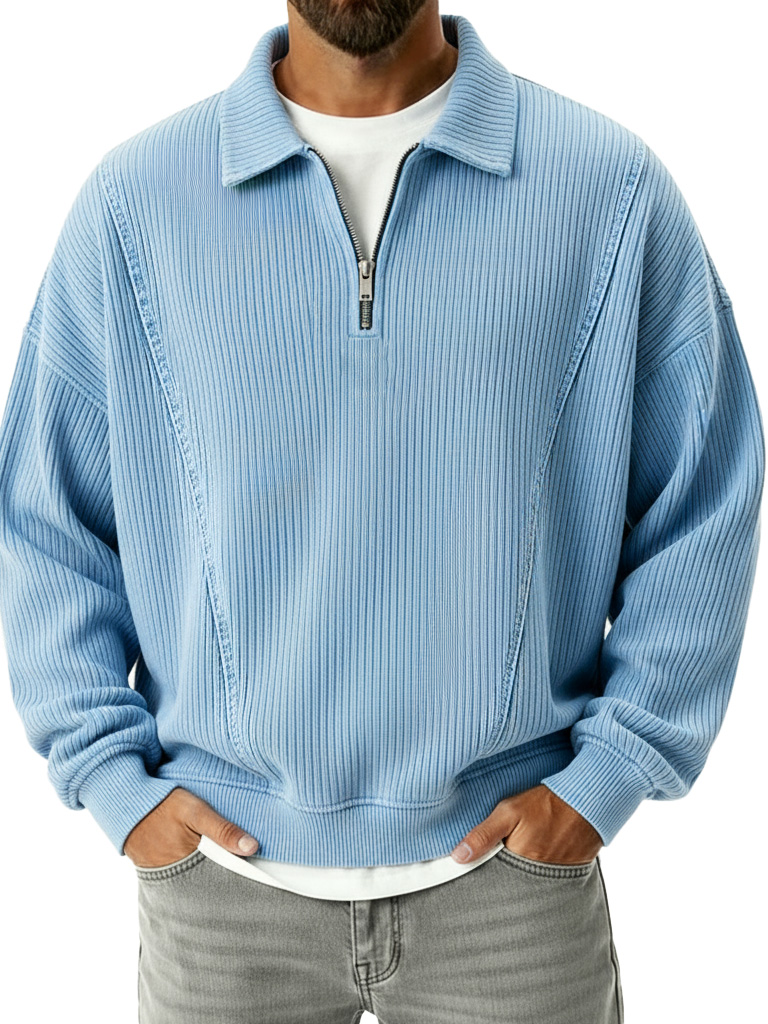 Men's Retro Fashion Ribbed Collar Zipper Long-Sleeve Polo Shirt