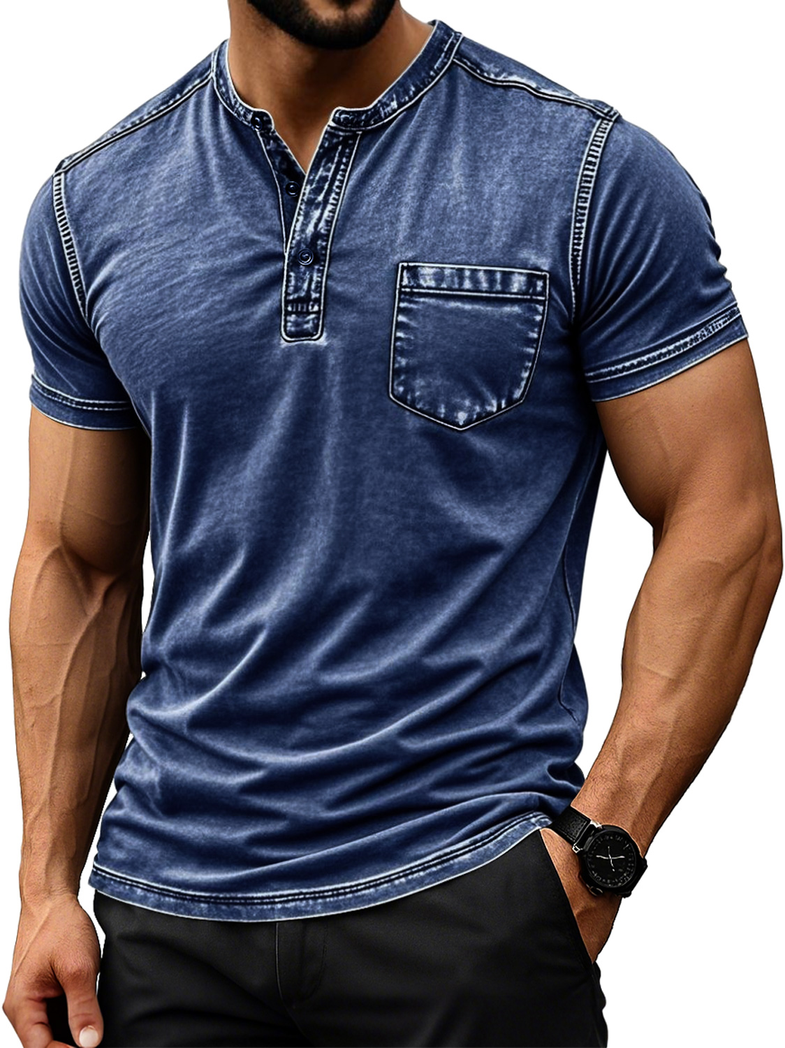 Men's Retro Everyday Casual Pocket Comfort Short Sleeve Henley Shirt