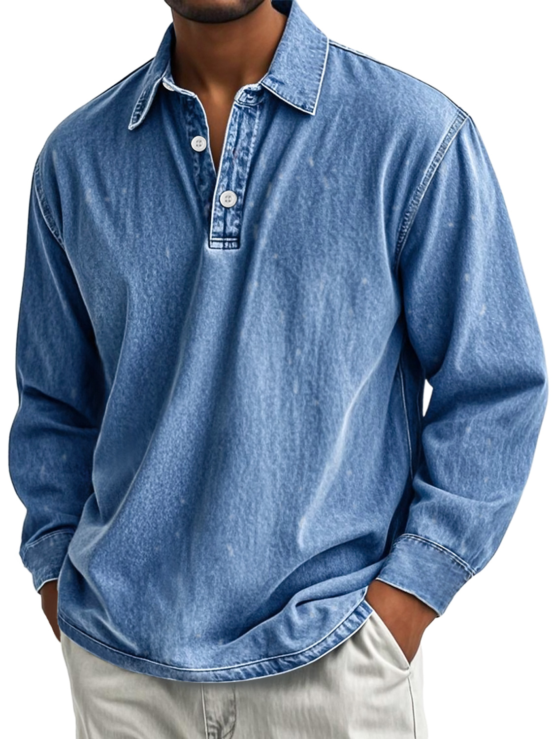 Men's Retro Casual Lapel Button Down Distressed Long Sleeve Polo Shirt