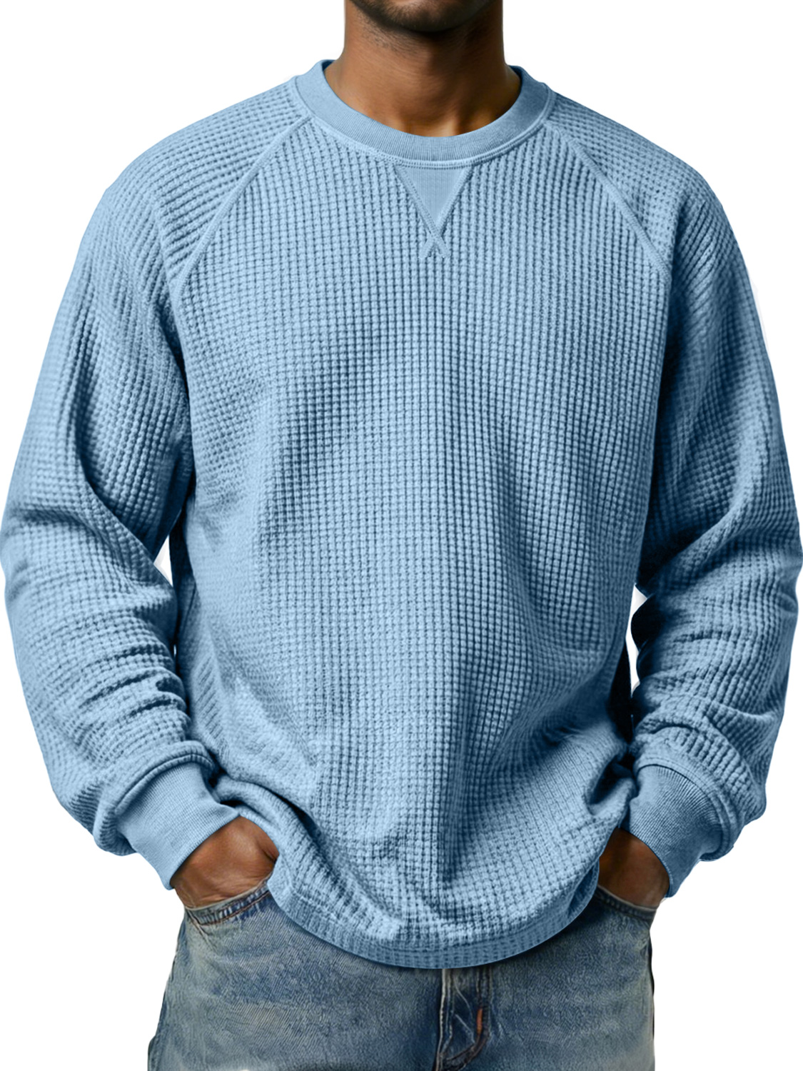 Men's Waffle-knit Raglan Sleeve Crew Neck Casual Long-sleeved T-shirt