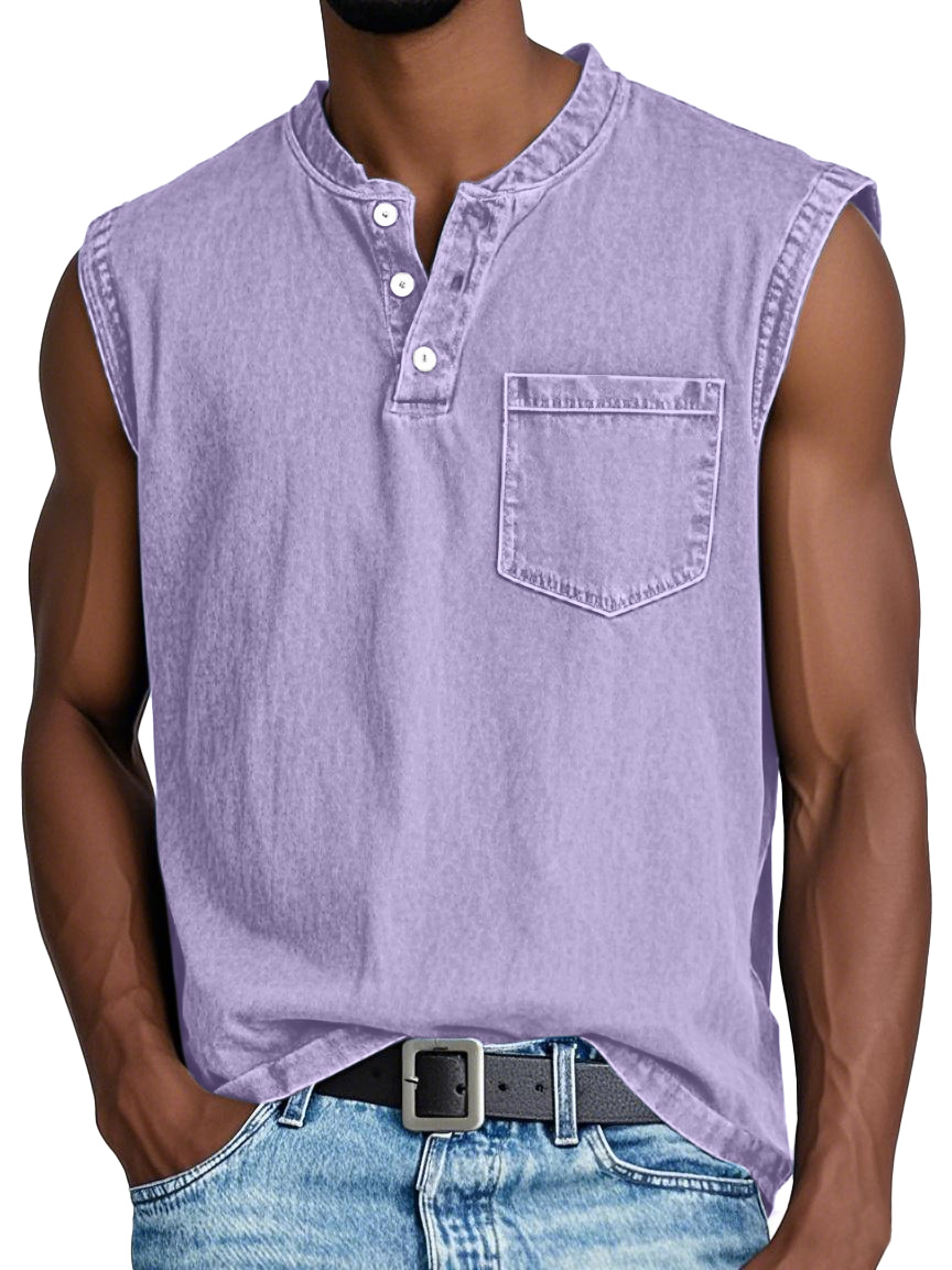 Men's Casual Retro Solid Color Simple Pocket Sleeveless Henley Shirt
