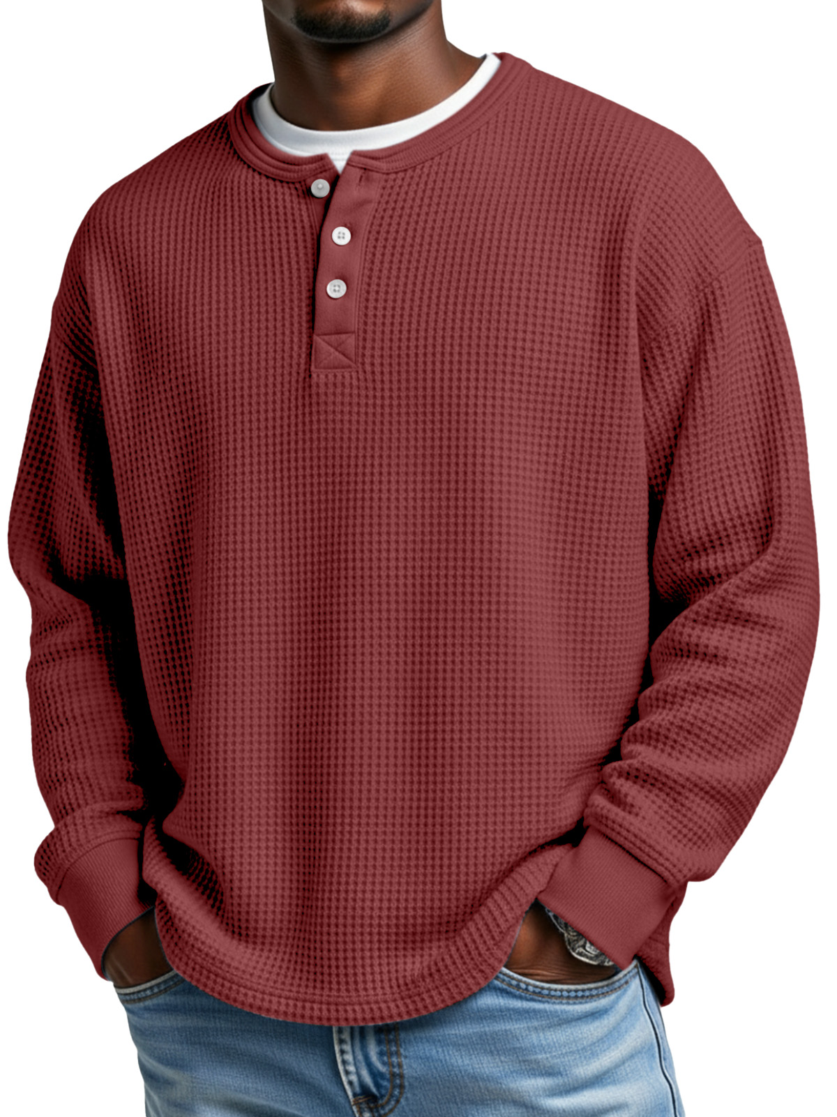 Men's Everyday Loose Simple Waffle Button Long Sleeve Henley Shirt