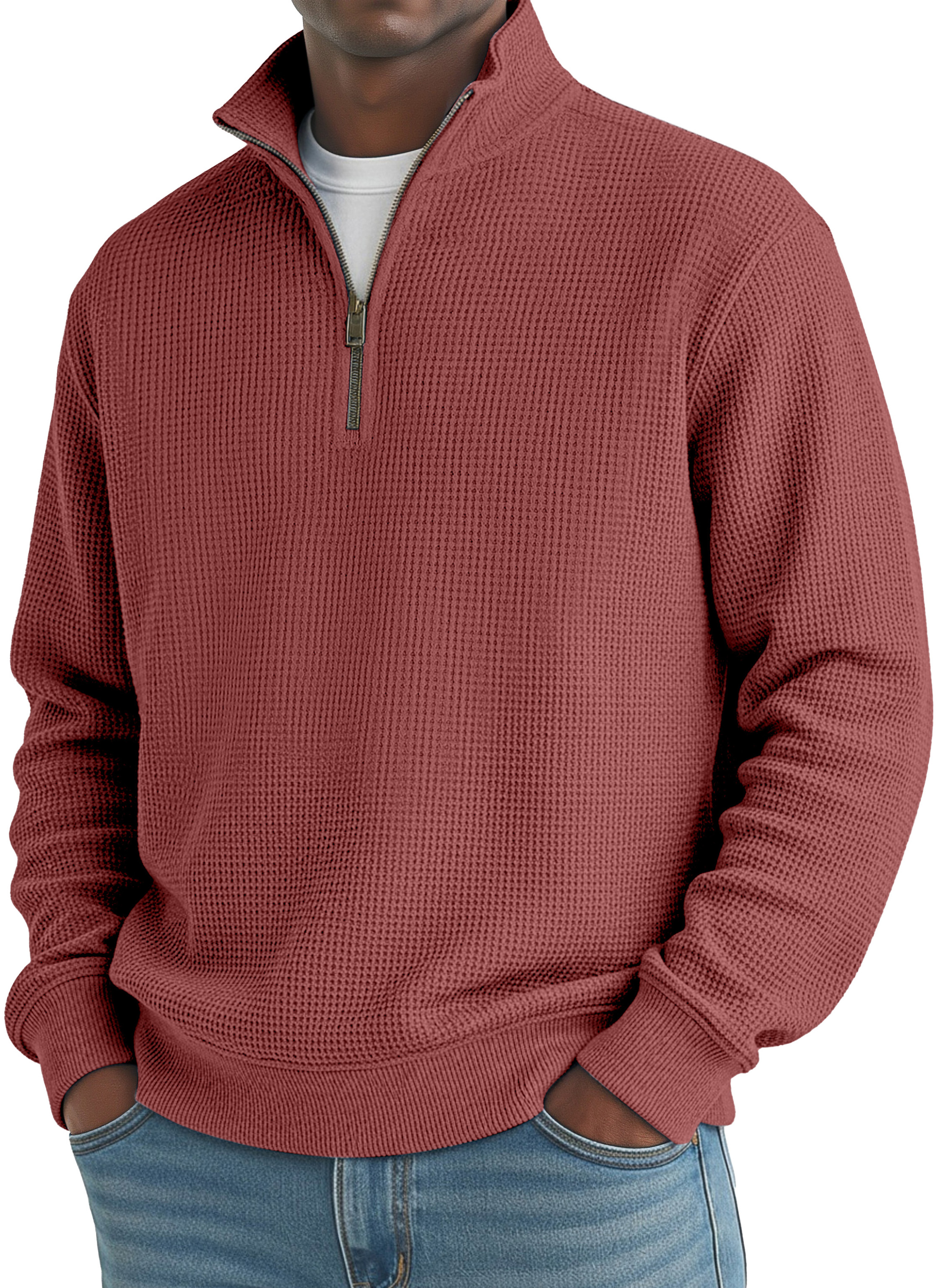 Men's Simple Loose Waffle Quarter-Zip Long Sleeve POLO Shirt