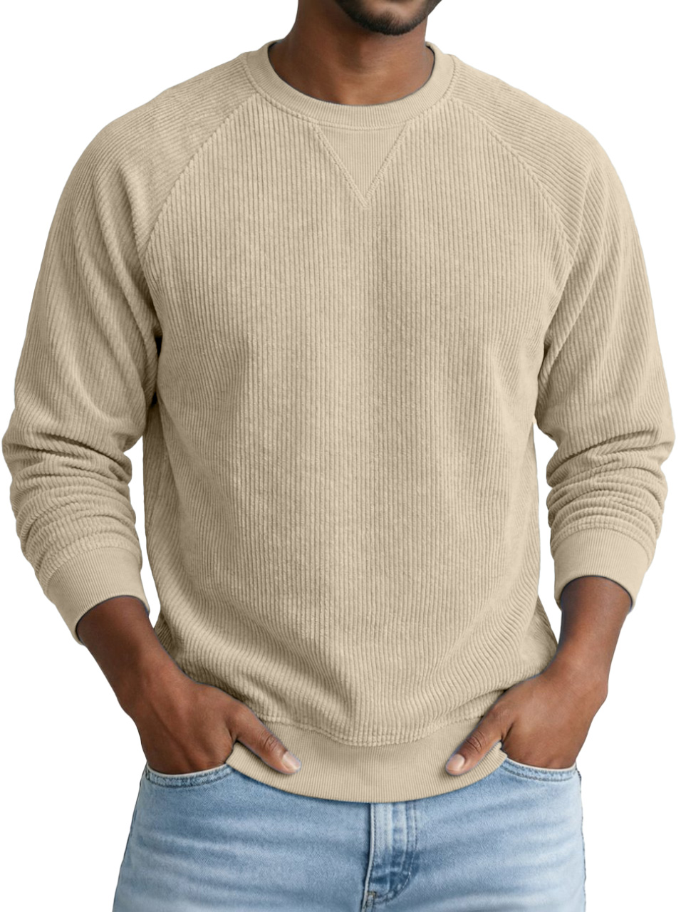 Basic Casual Corduroy Inverted Triangle Design Round Neck Raglan Long-sleeved Sweatshirt