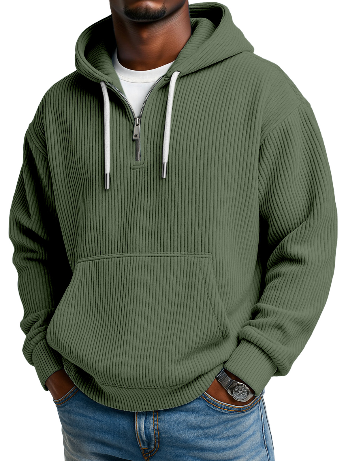 Men's Solid Color Pitted Textured Kangaroo Pocket Long-sleeved Hooded Sweatshirt