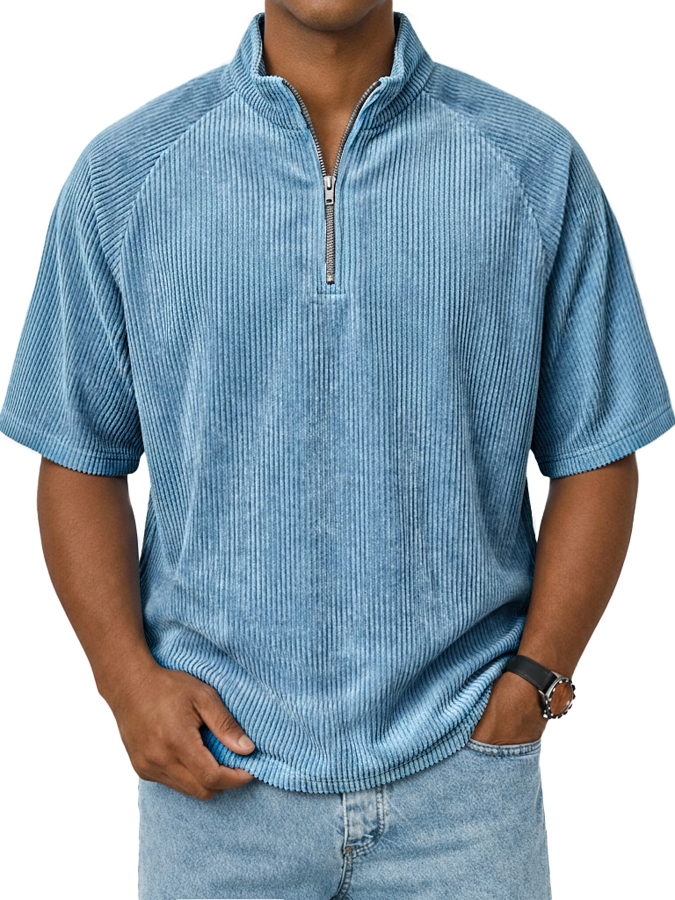 Men's Retro Raglan Corduroy Stand Collar Zipper Casual Short Sleeve T-Shirt