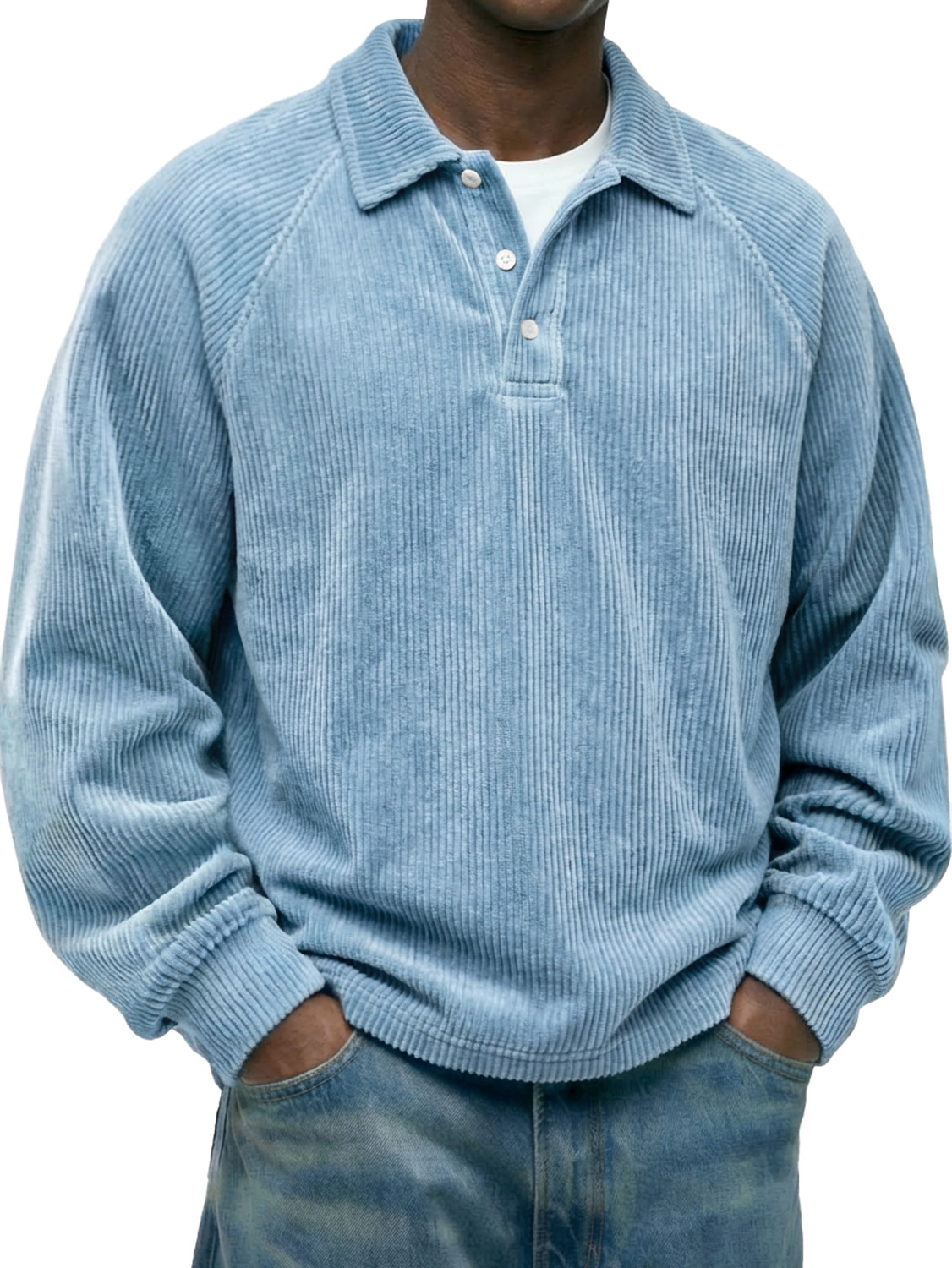 Men's Vintage Corduroy Raglan Sleeve Lapel Button-down Casual Long-sleeved Polo Shirt