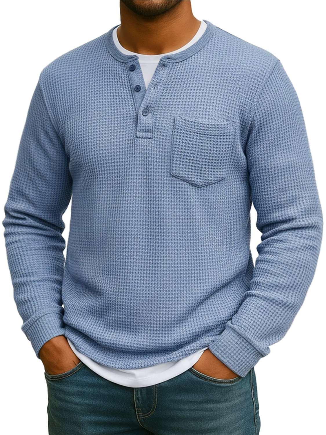 Men's Everyday Waffle Fake Two-Piece Casual Pocket Long Sleeve Henley Shirt