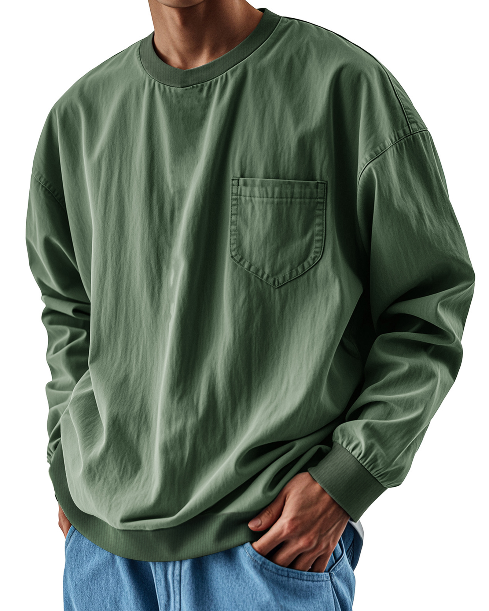 Men's Fashionable Round Neck Casual Pocket Long Sleeve Top